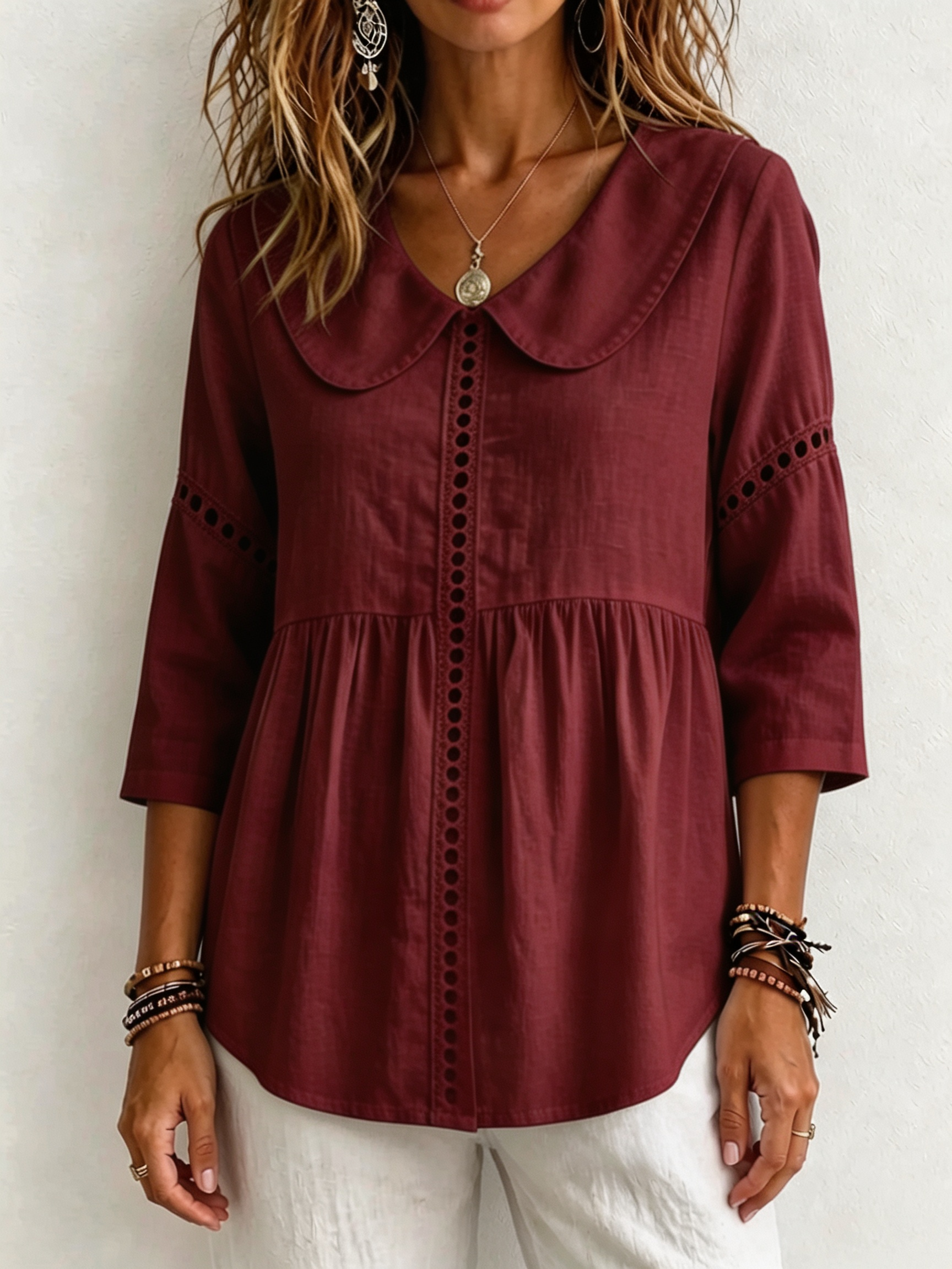 Women Elegant Peter Pan Collar Button-Up Blouse