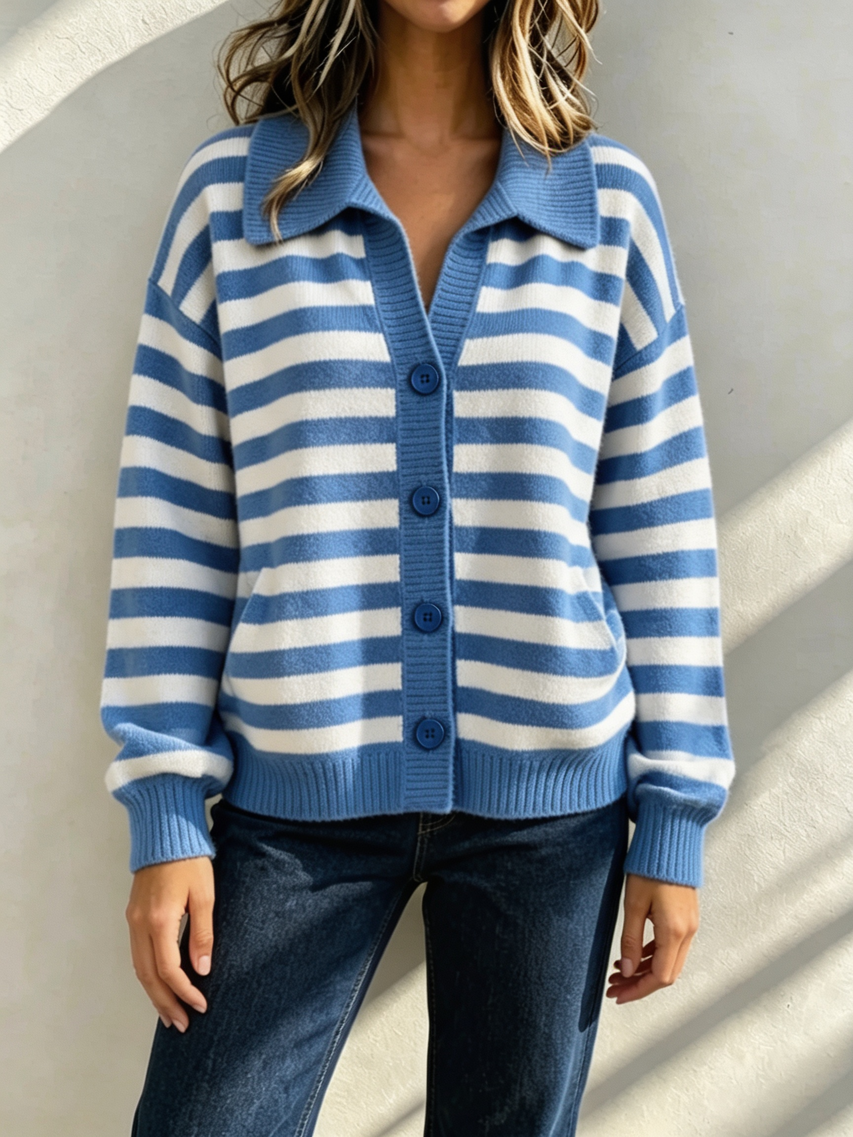 Women Cozy Striped Collared Knit Cardigan