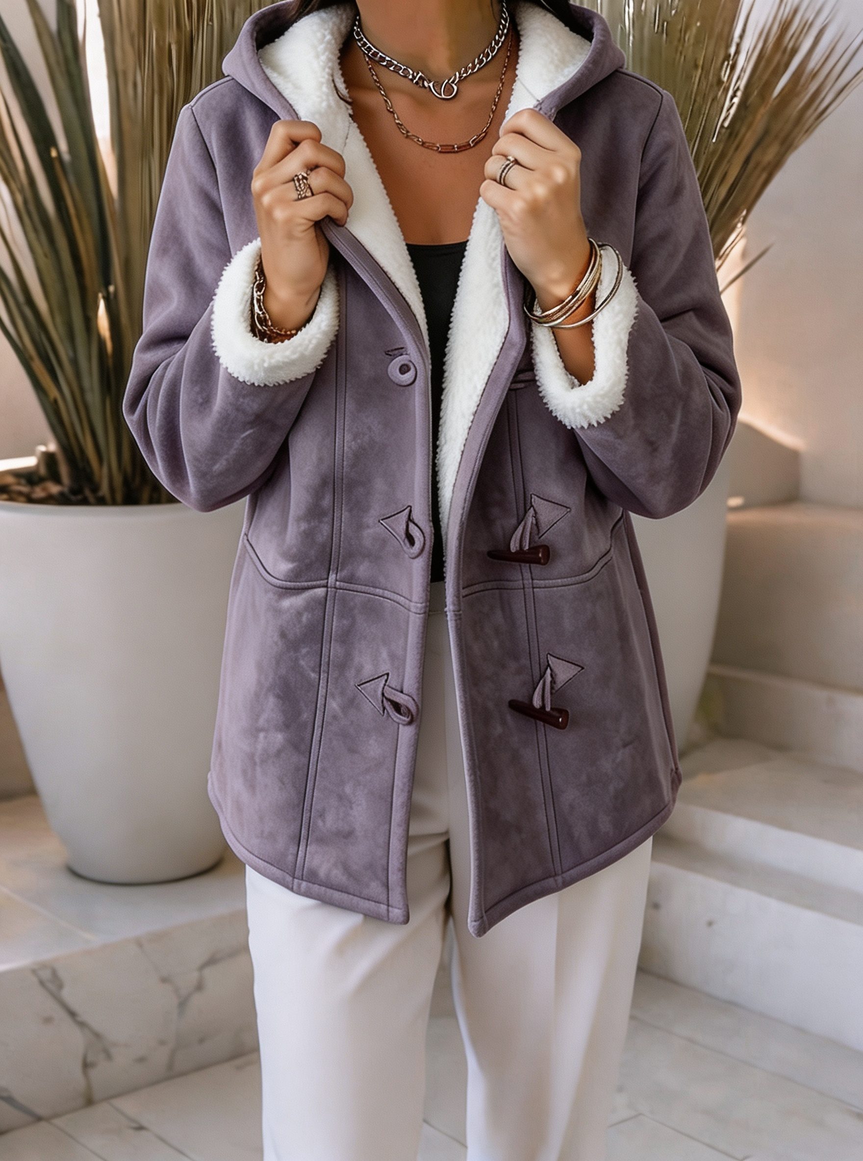 Women Cozy Sherpa-Lined Hooded Jacket