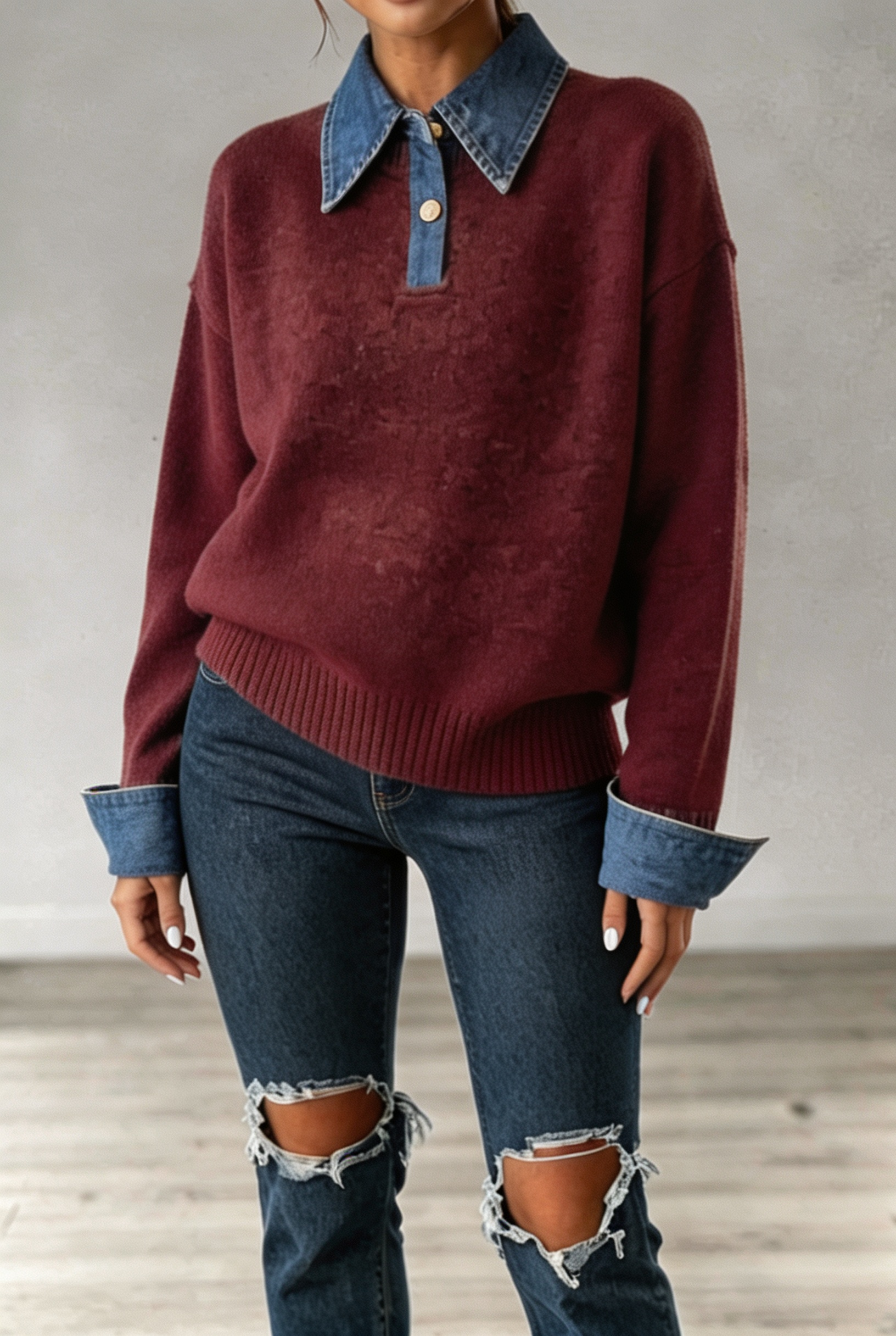 Women Classic Denim Collar Knit Sweater