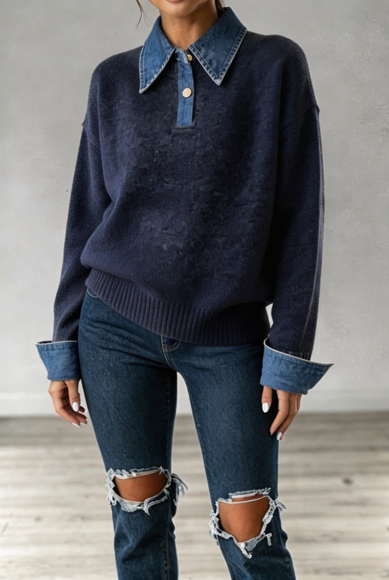 Women Classic Denim Collar Knit Sweater