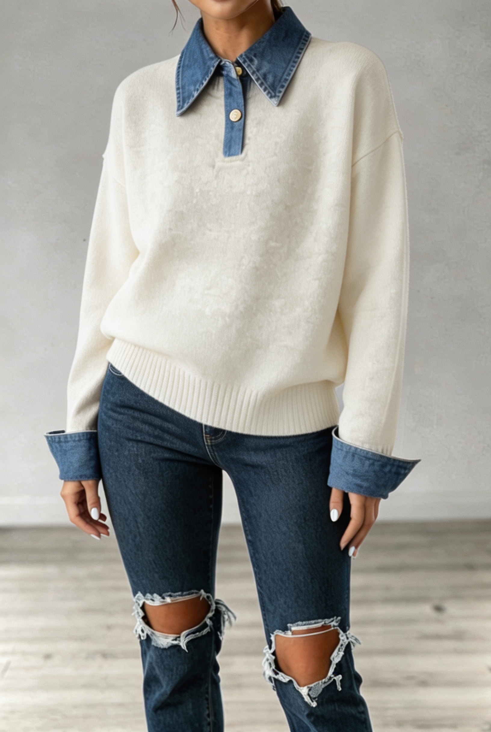Women Classic Denim Collar Knit Sweater