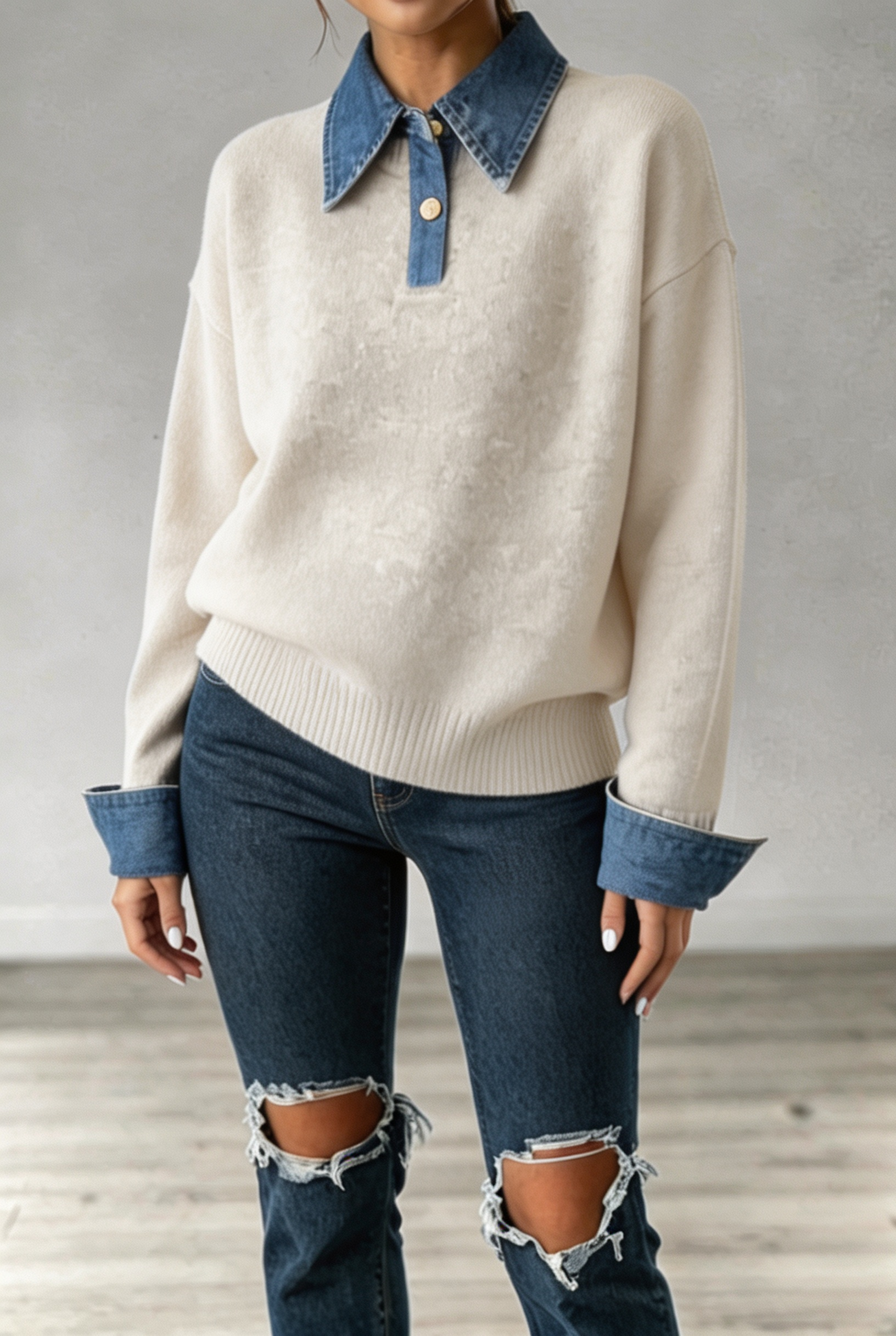 Women Classic Denim Collar Knit Sweater