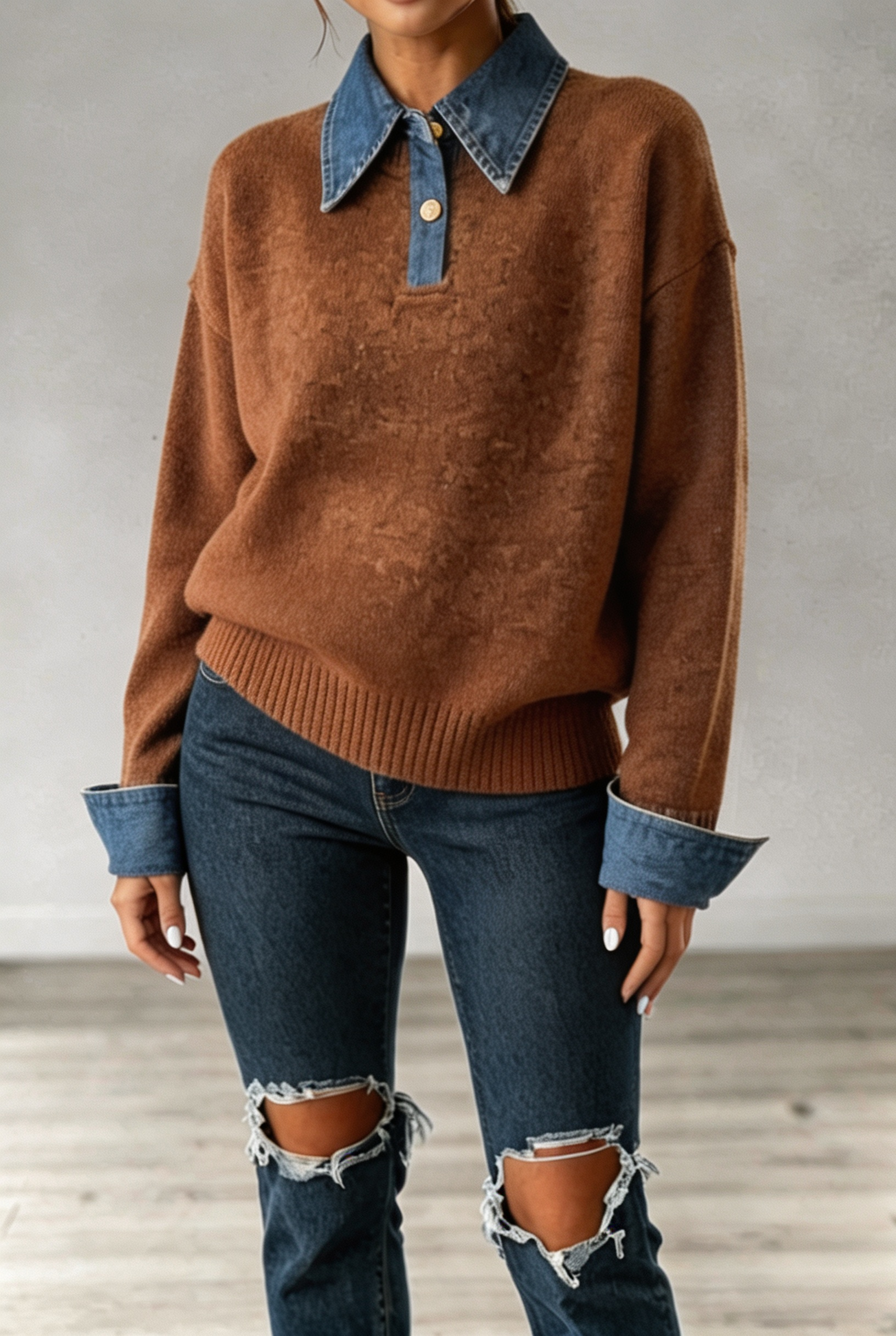 Women Classic Denim Collar Knit Sweater