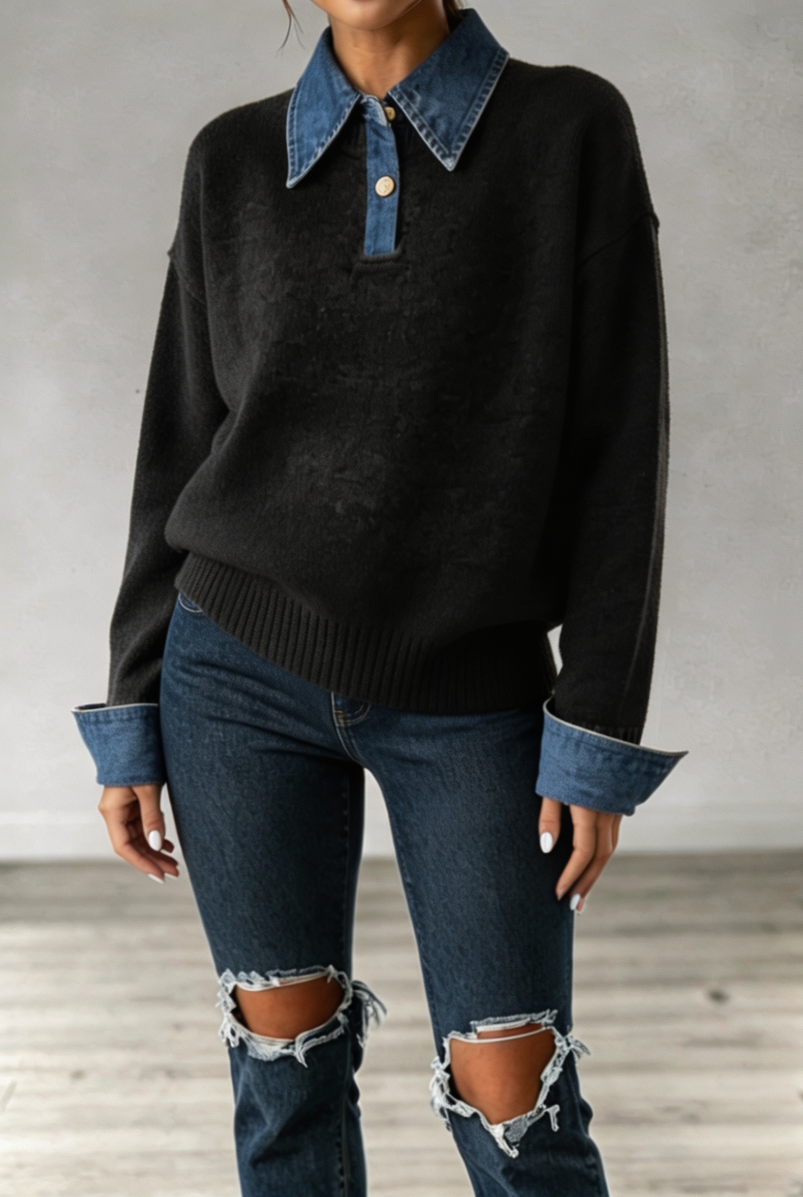 Women Classic Denim Collar Knit Sweater