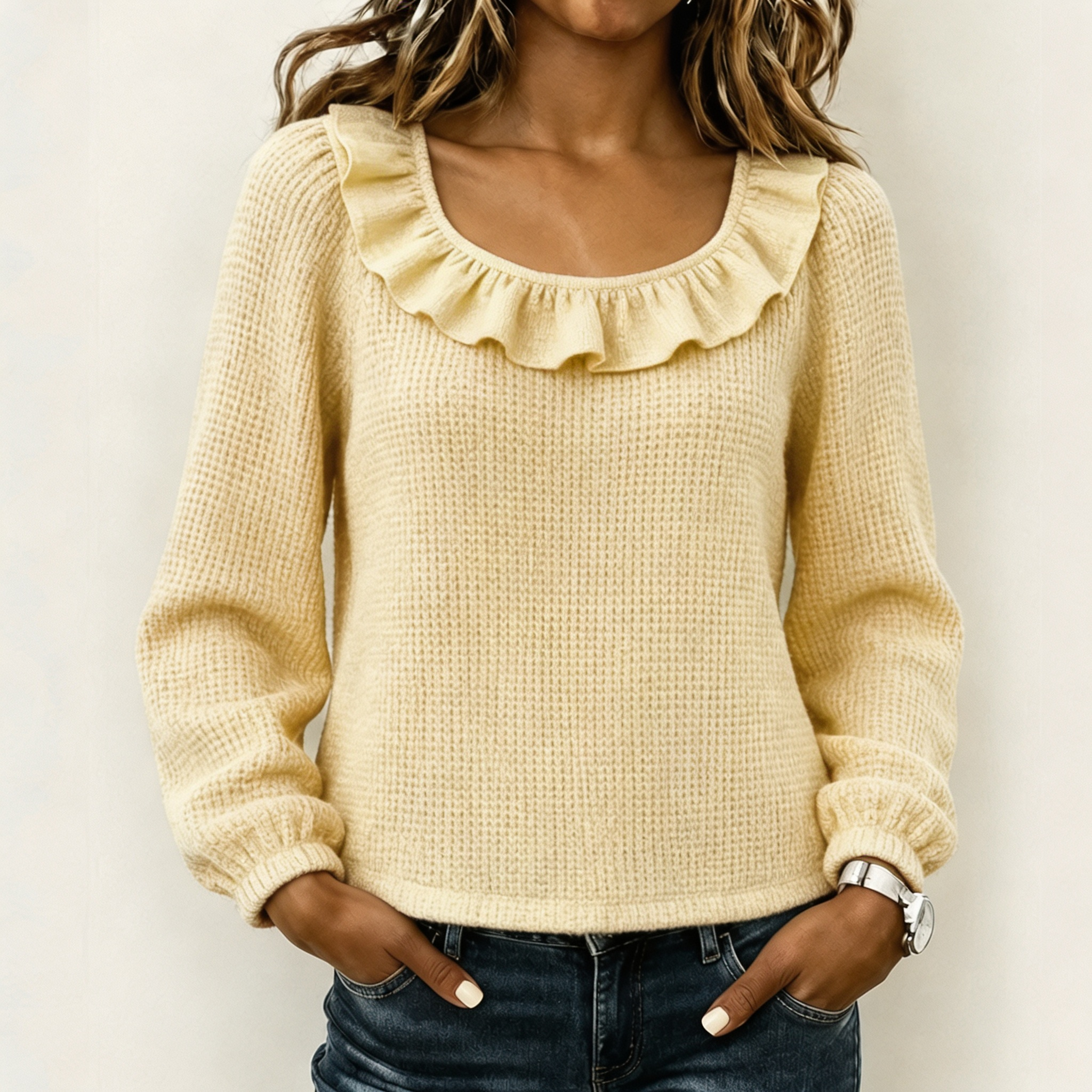 Women Ruffled Neckline Textured Knit Sweater