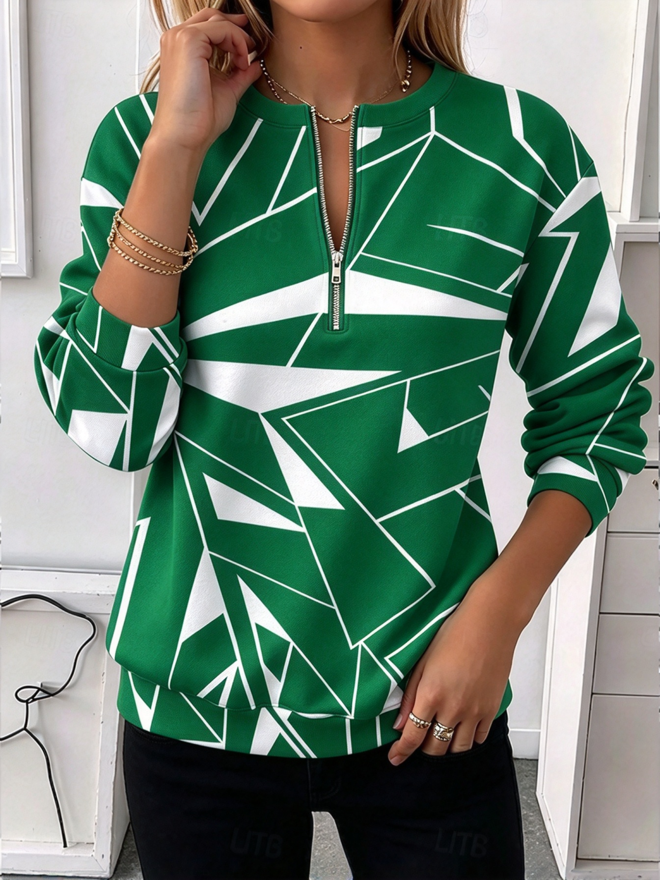 🔥CLEARANCE SALE🔥 ✨Women Geometric Print Half-Zip Pullover