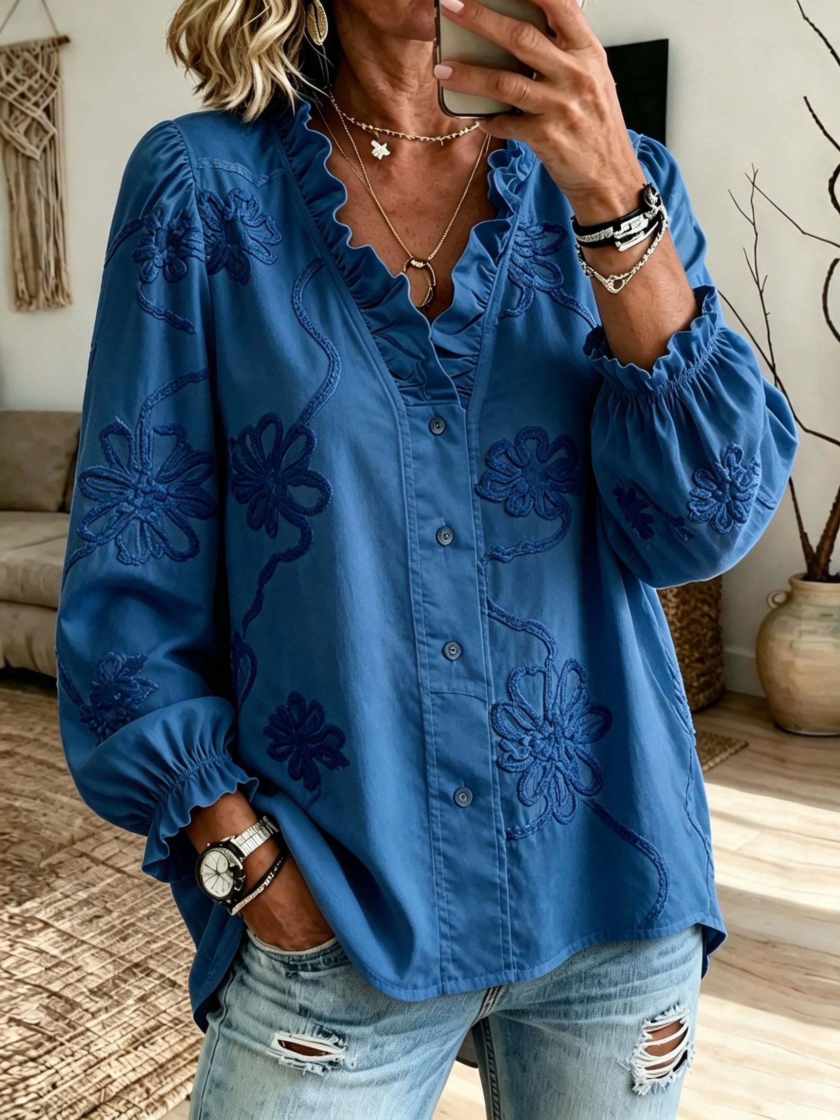 Women's long-sleeved embroidered ruffled blouse
