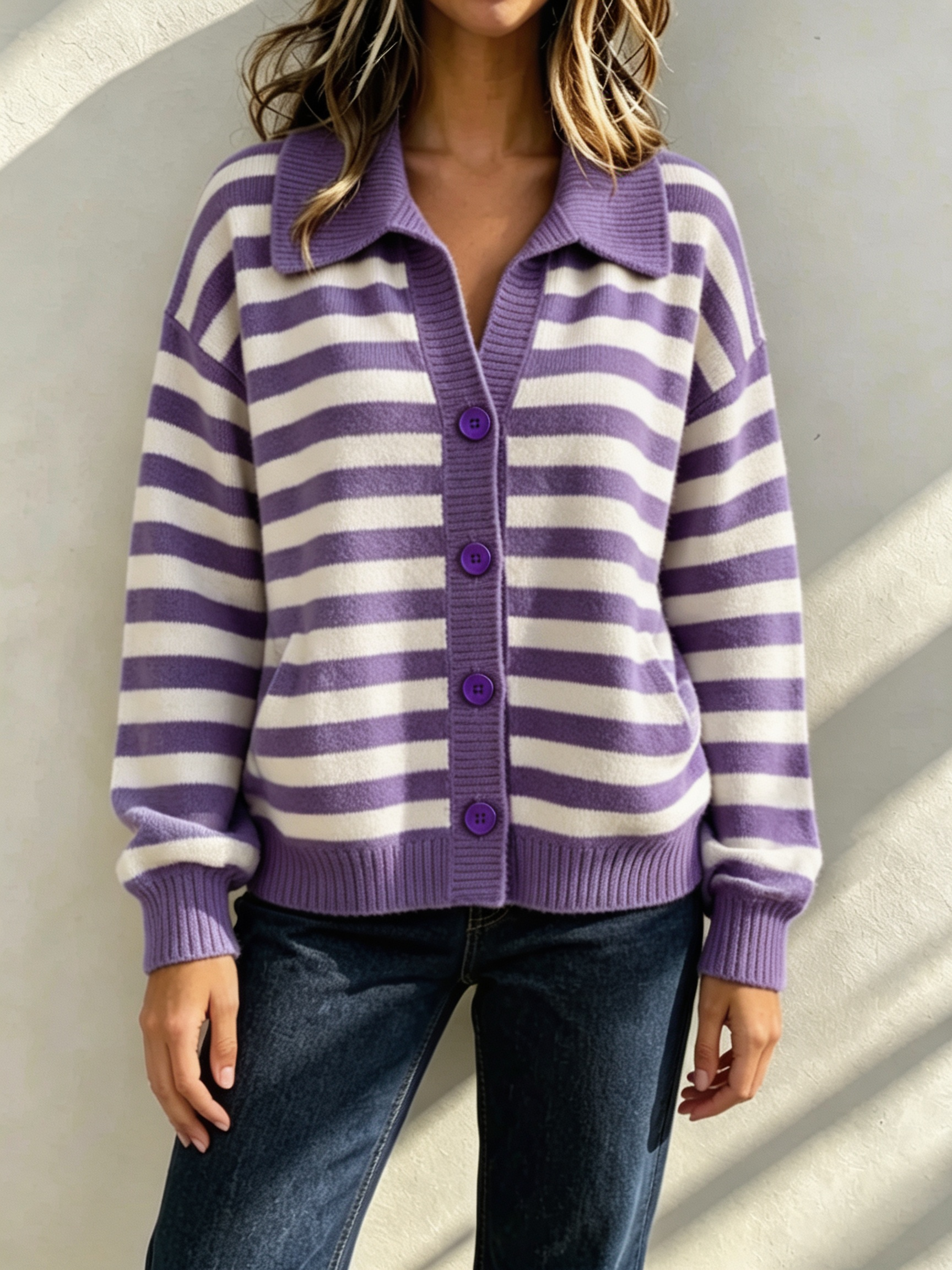 Women Cozy Striped Collared Knit Cardigan