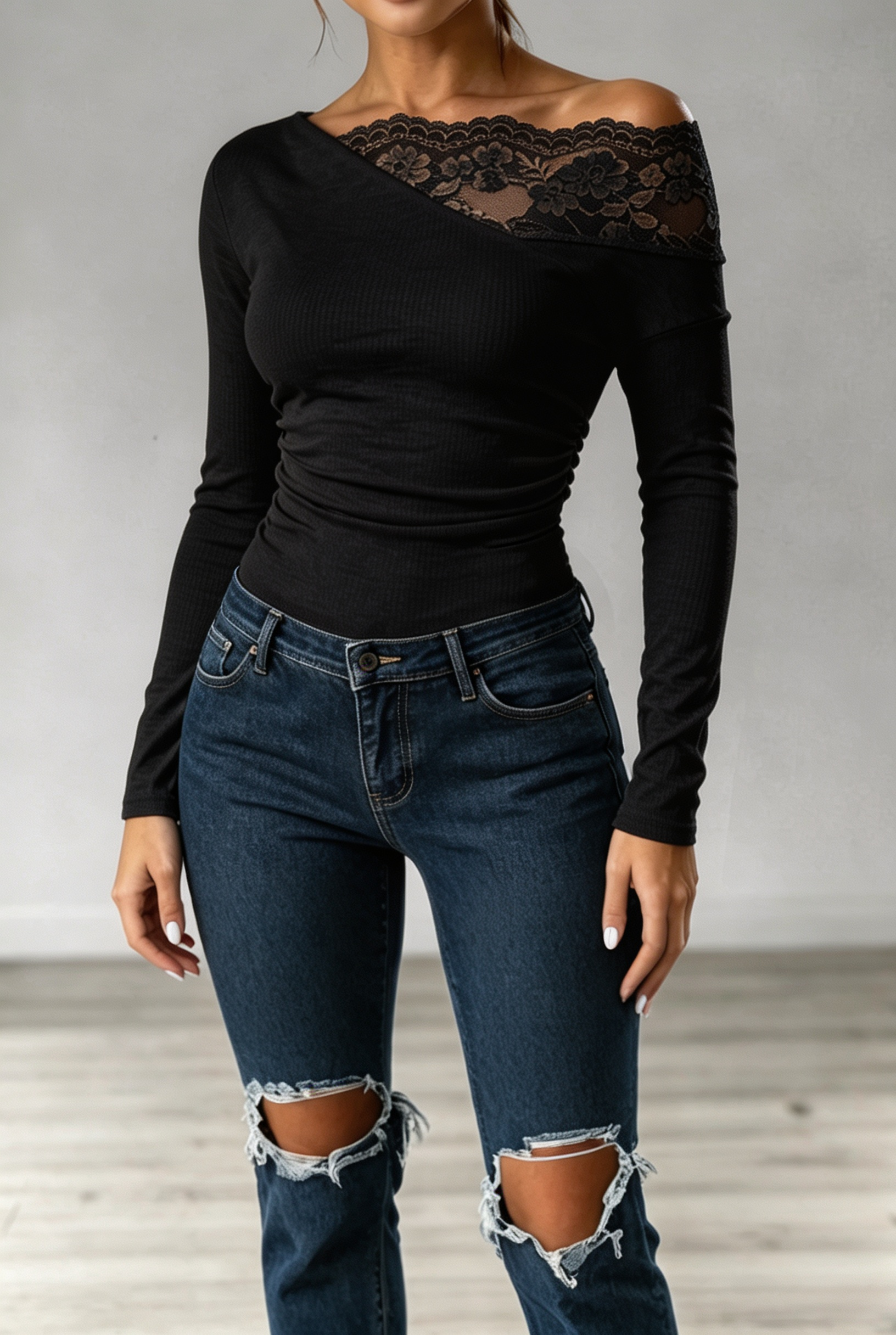 Women Elegant Lace Trim Off-Shoulder Ruched Top