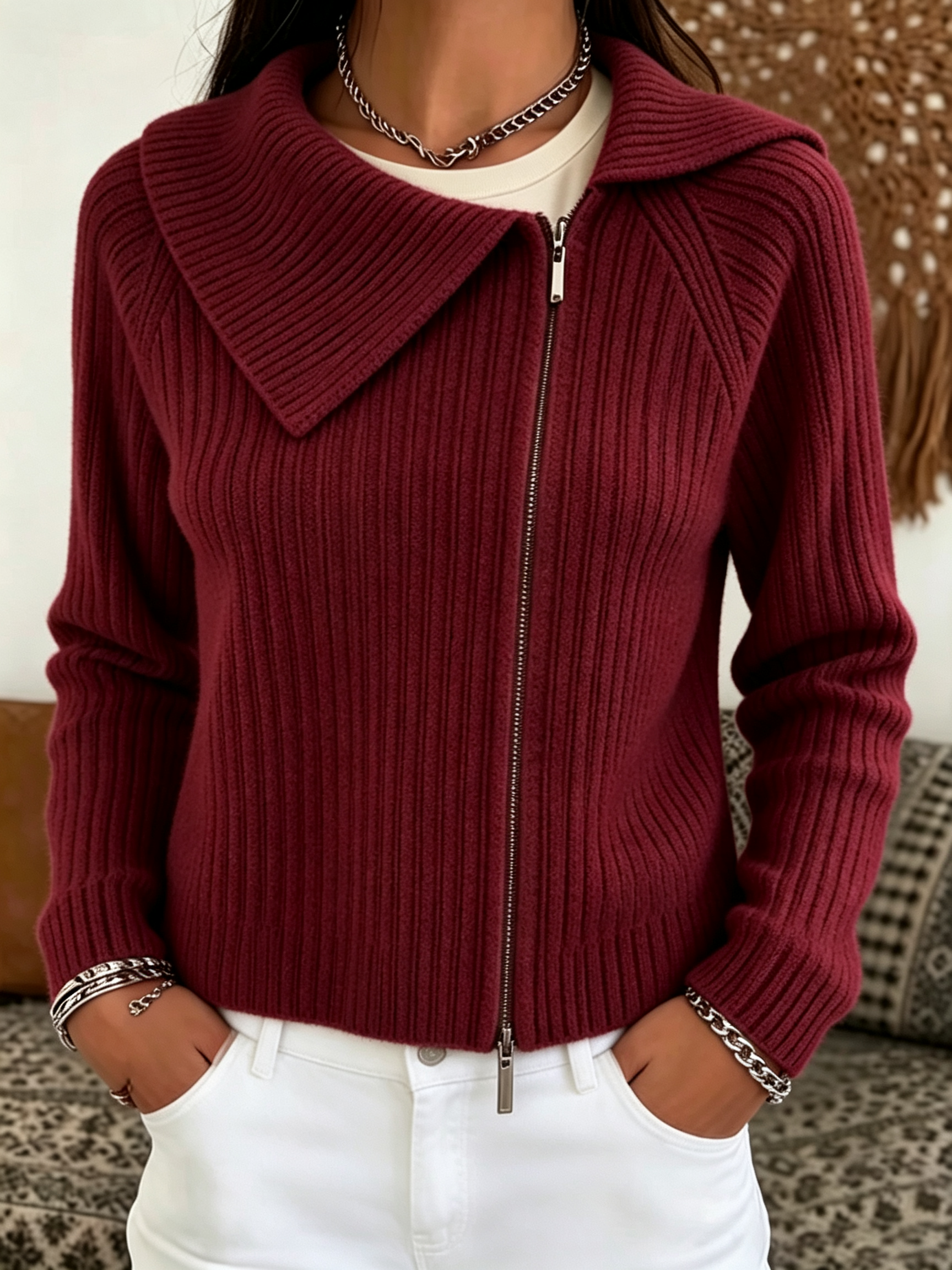 Women Ribbed Knit Zip‑Up Collared Cardigan