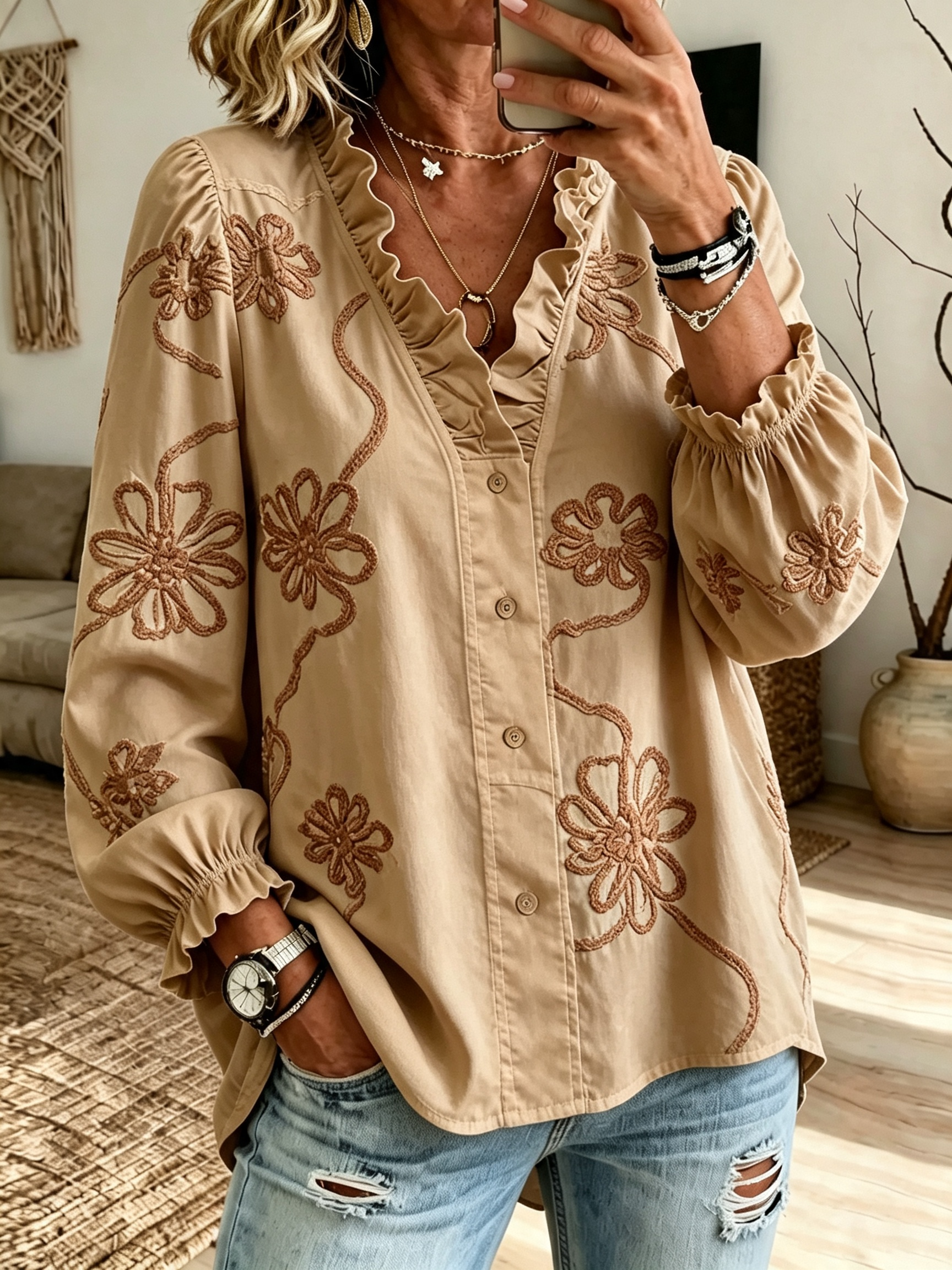Women's long-sleeved embroidered ruffled blouse
