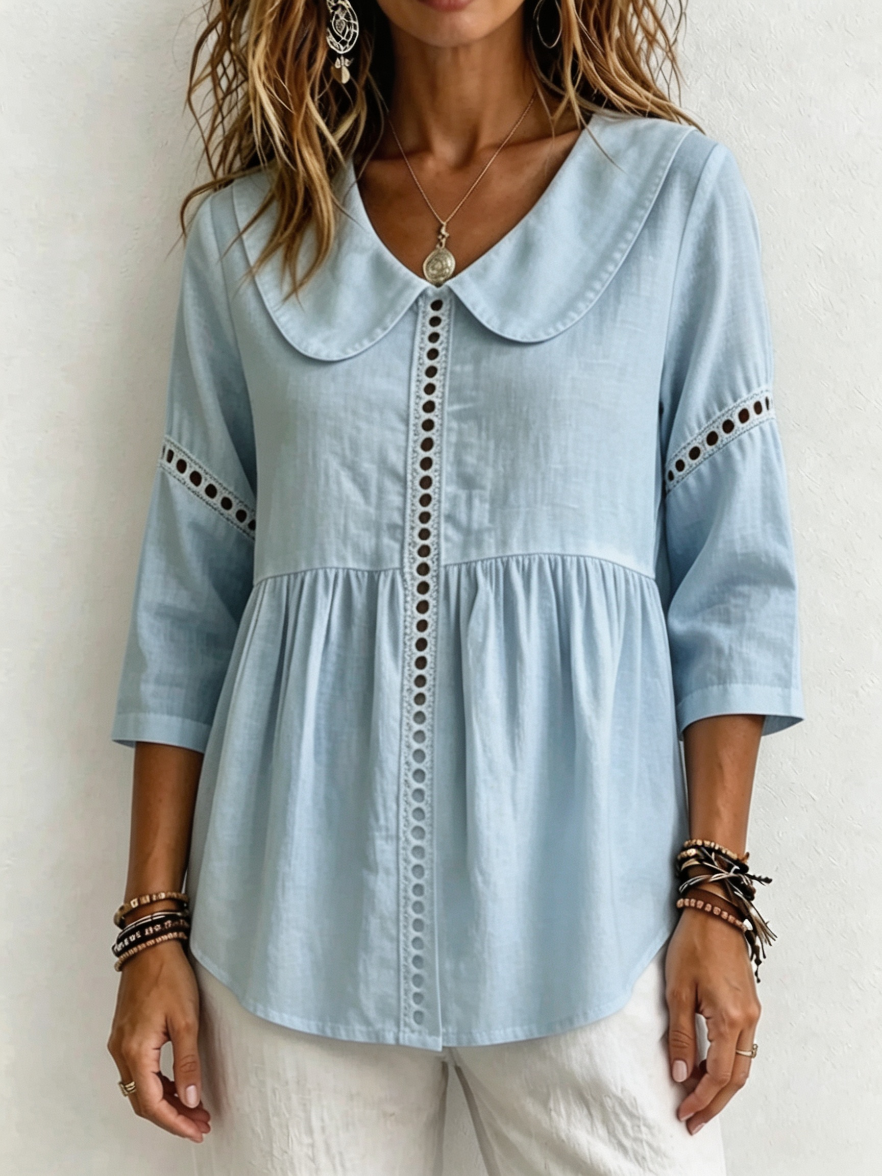 Women Elegant Peter Pan Collar Button-Up Blouse