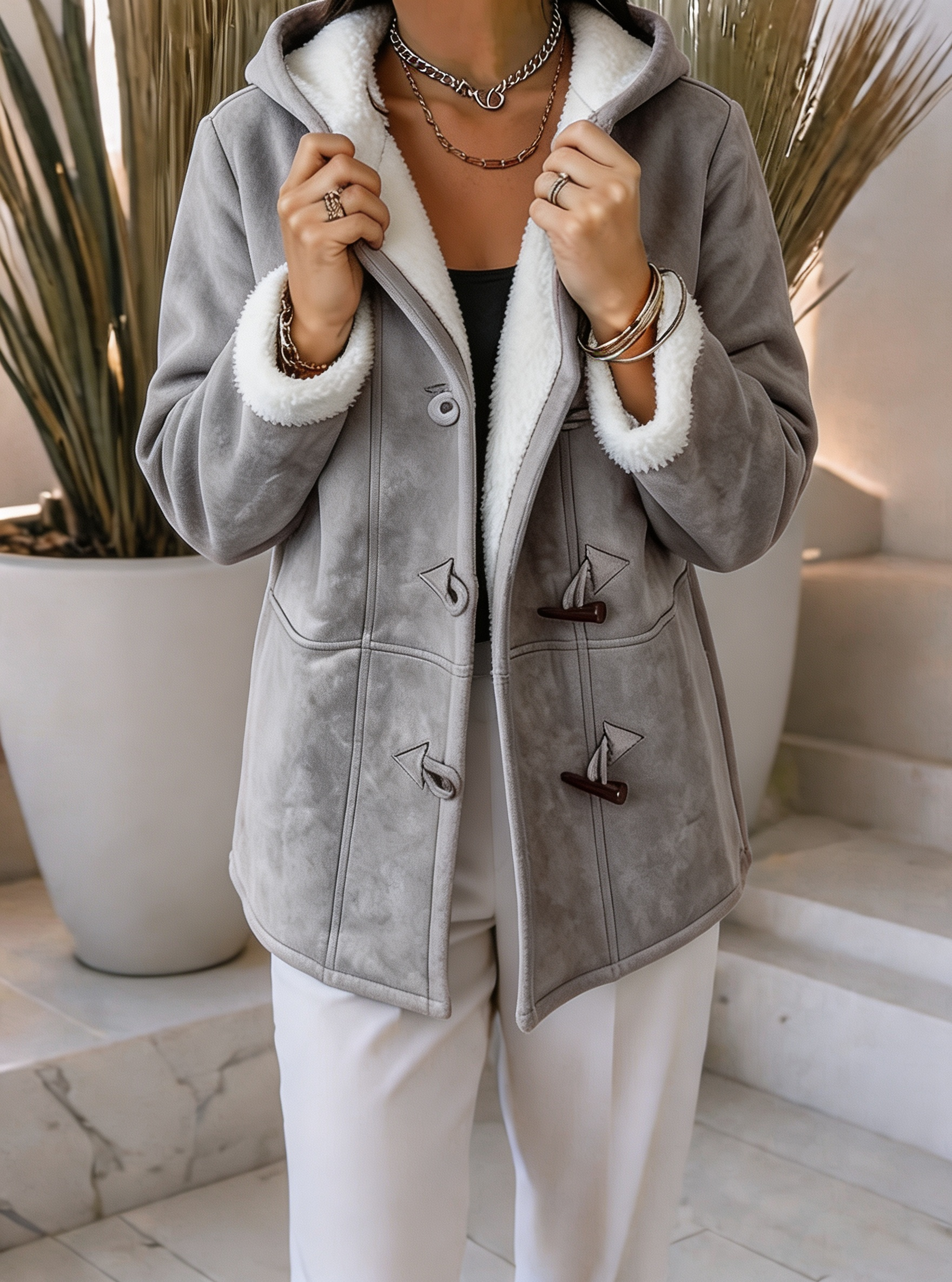 Women Cozy Sherpa-Lined Hooded Jacket