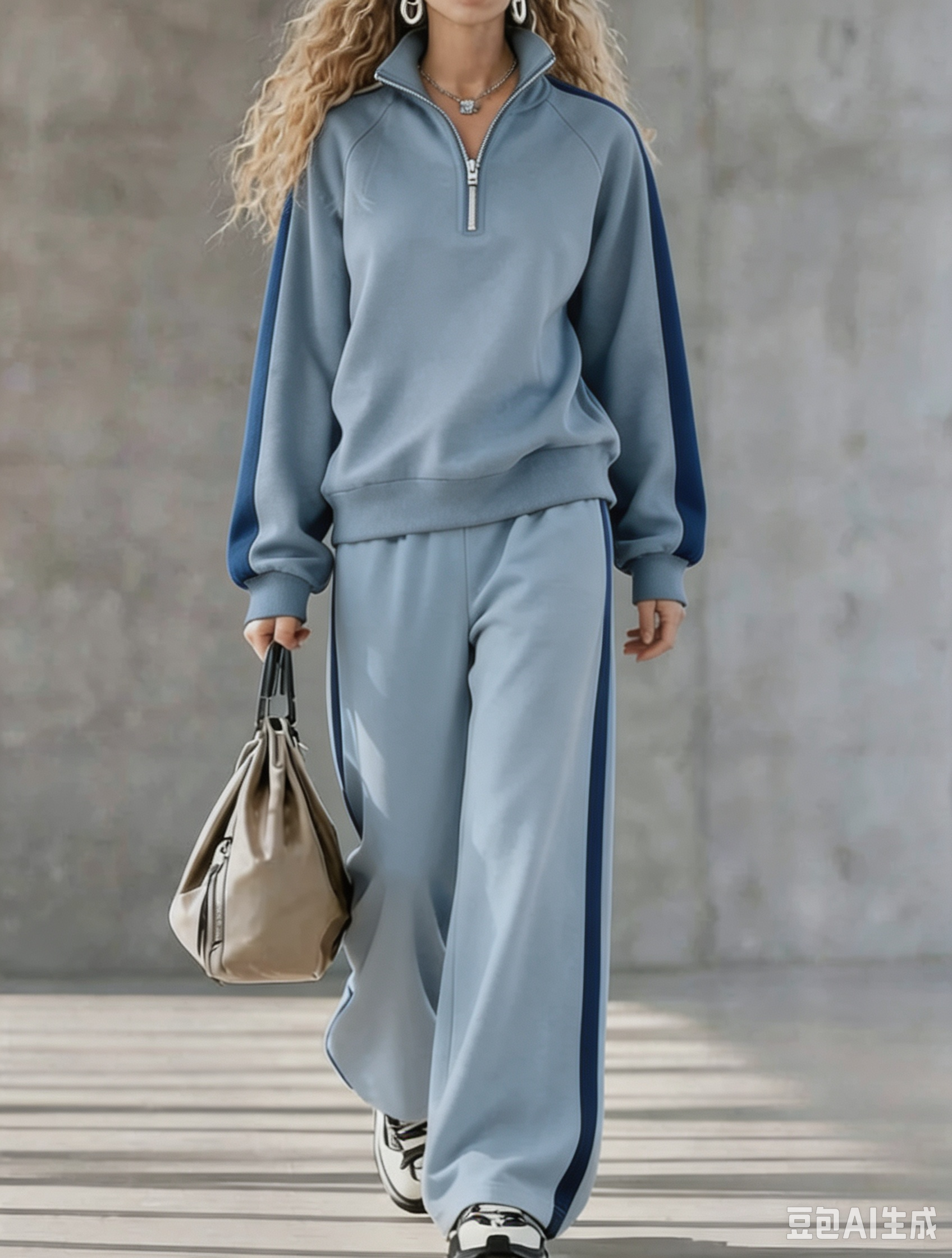 Women Contrast Stripe Half-Zip Two-Piece Set