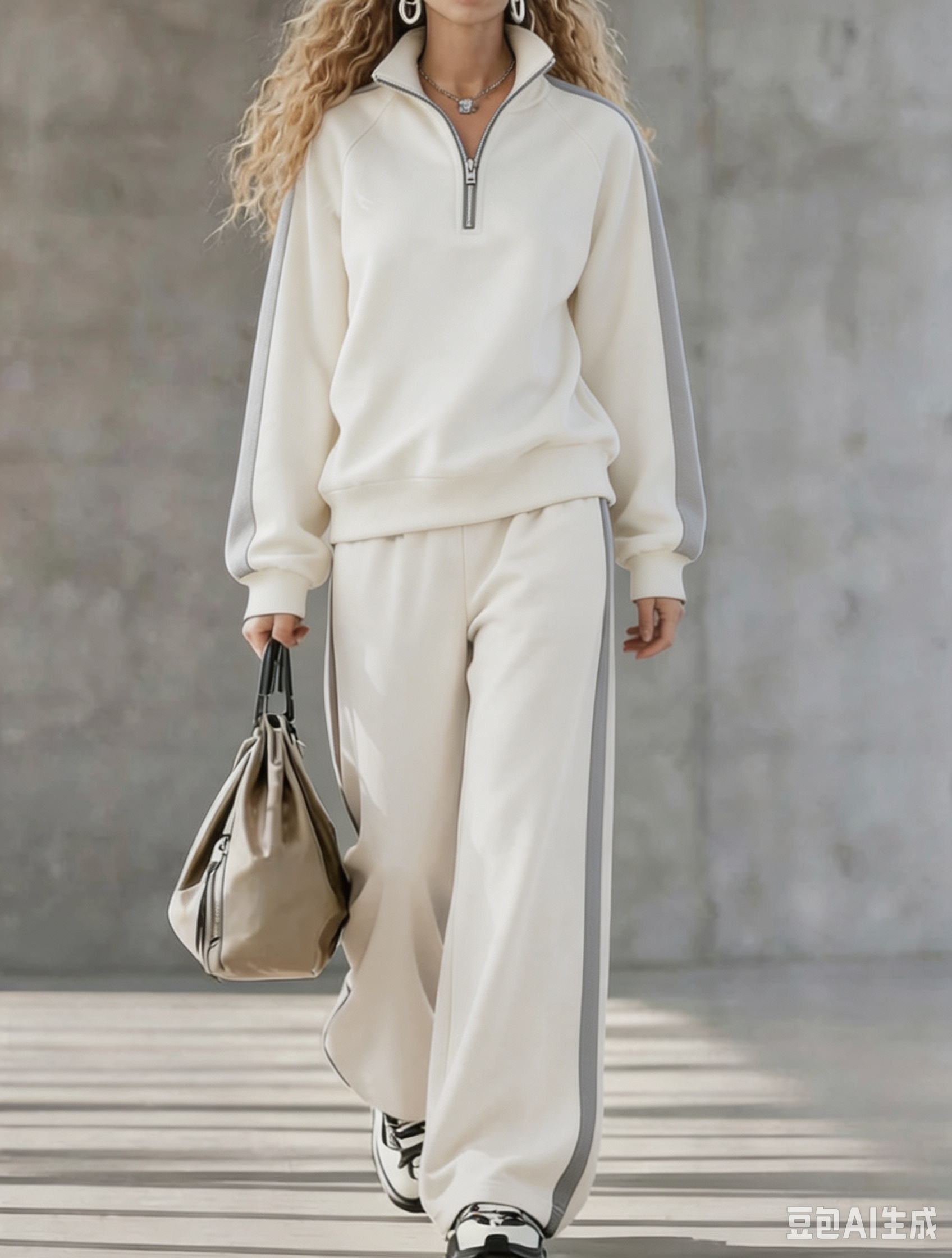Women Contrast Stripe Half-Zip Two-Piece Set