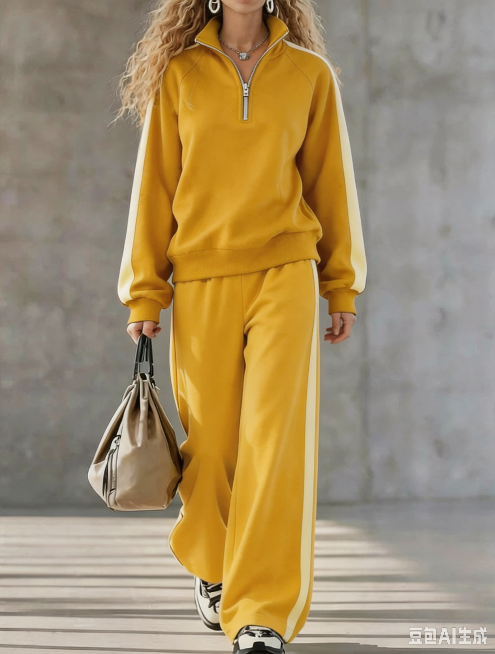 Women Contrast Stripe Half-Zip Two-Piece Set