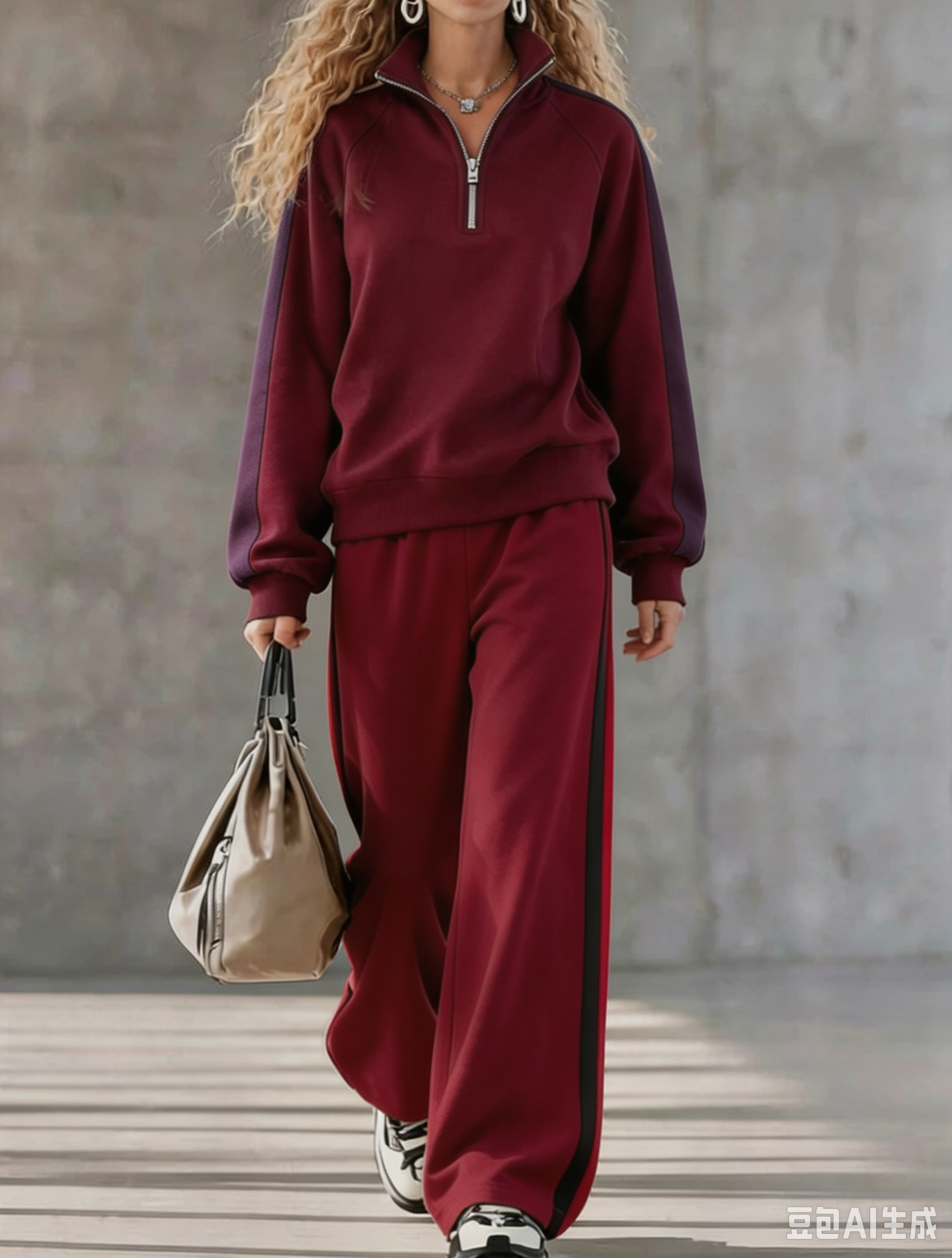 Women Contrast Stripe Half-Zip Two-Piece Set