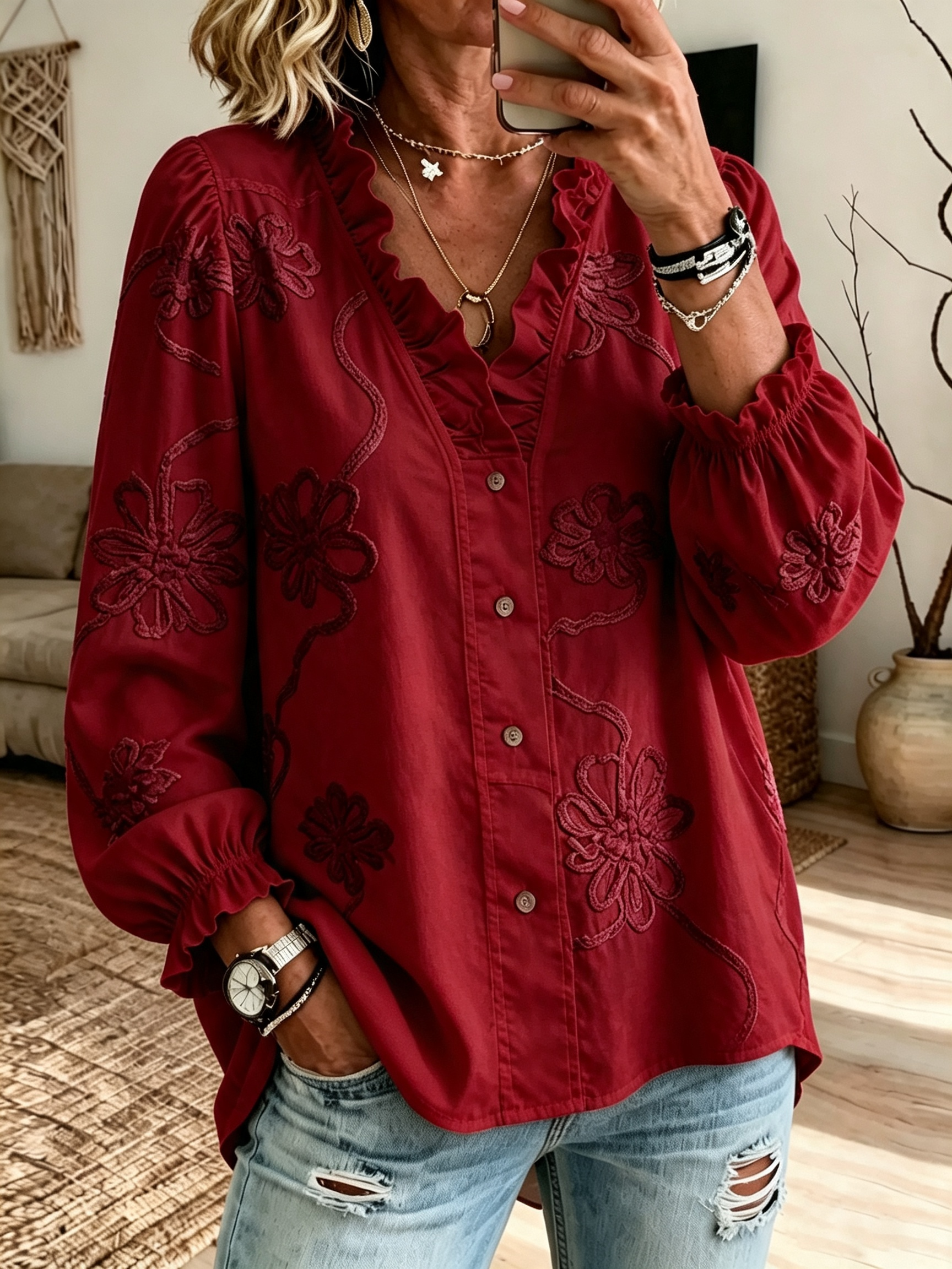 Women's long-sleeved embroidered ruffled blouse