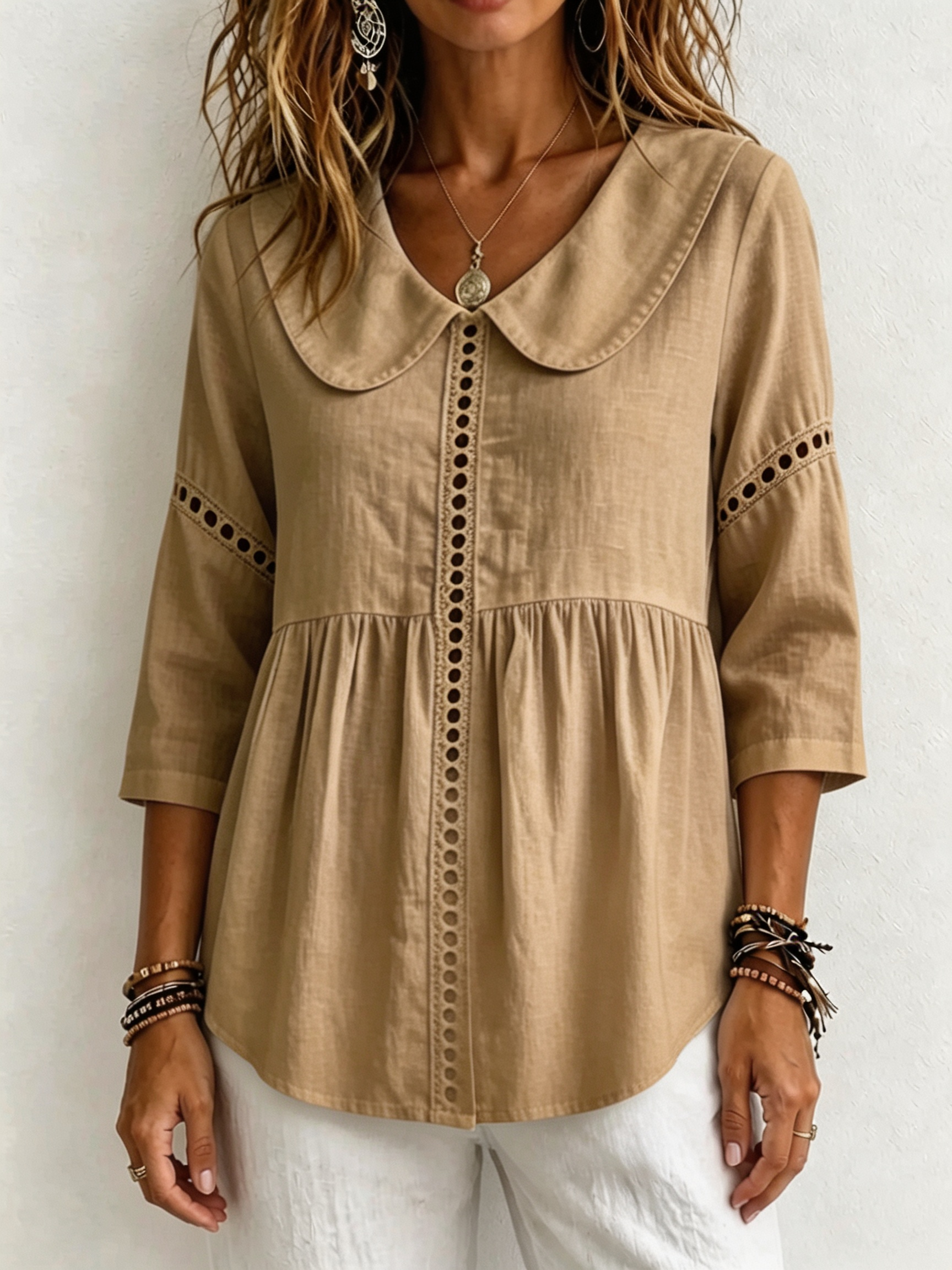 Women Elegant Peter Pan Collar Button-Up Blouse