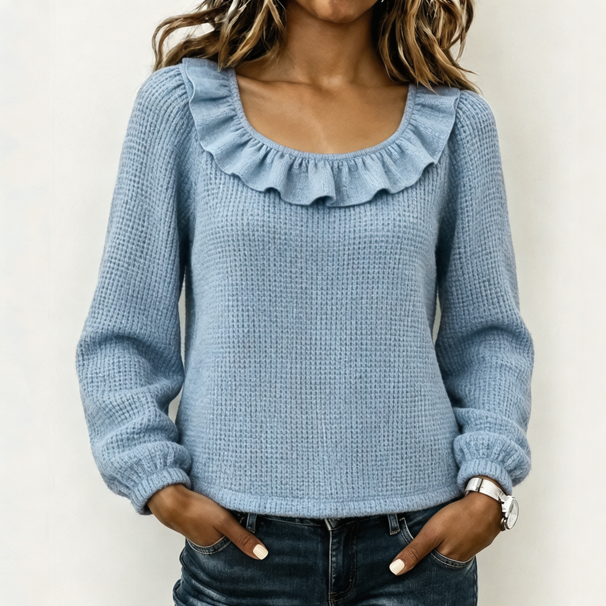 Women Ruffled Neckline Textured Knit Sweater