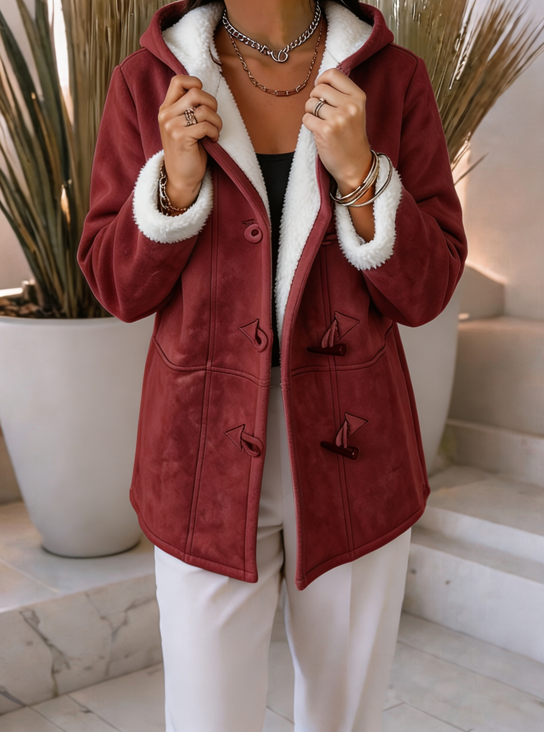 Women Cozy Sherpa-Lined Hooded Jacket