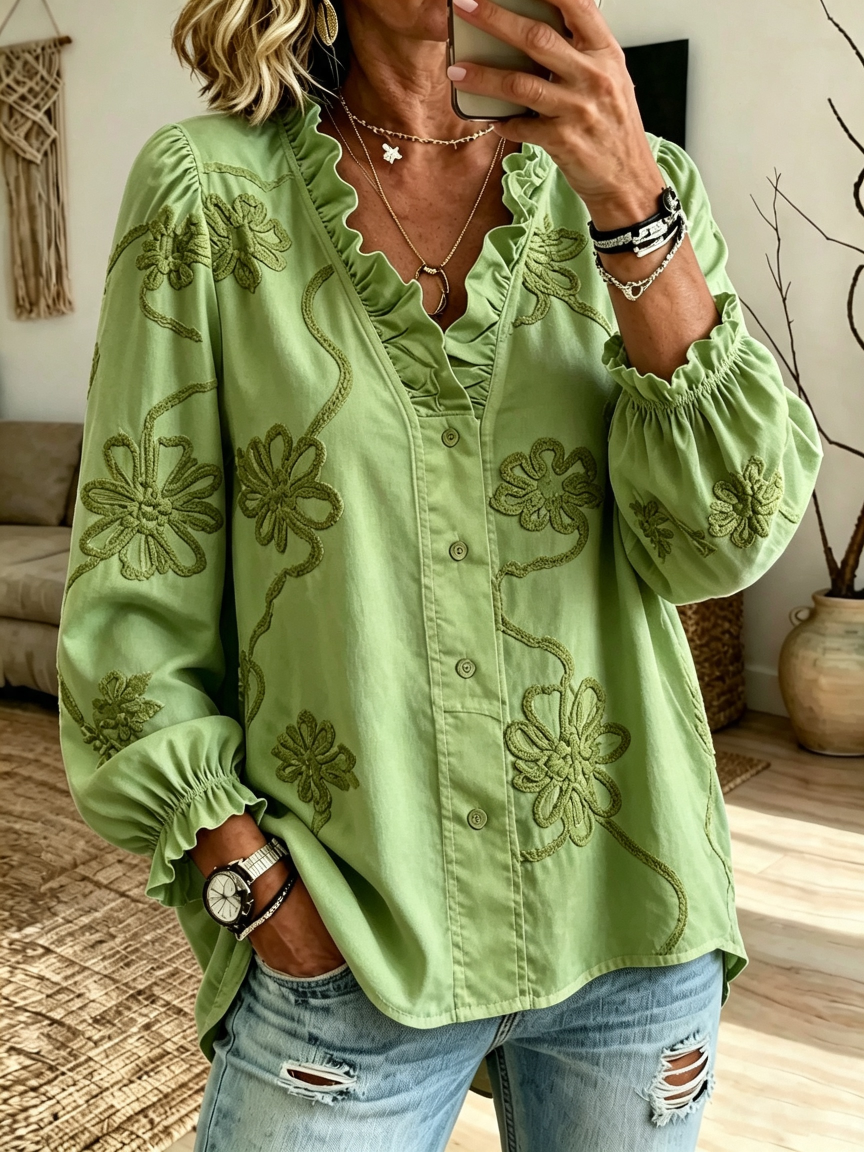 Women's long-sleeved embroidered ruffled blouse