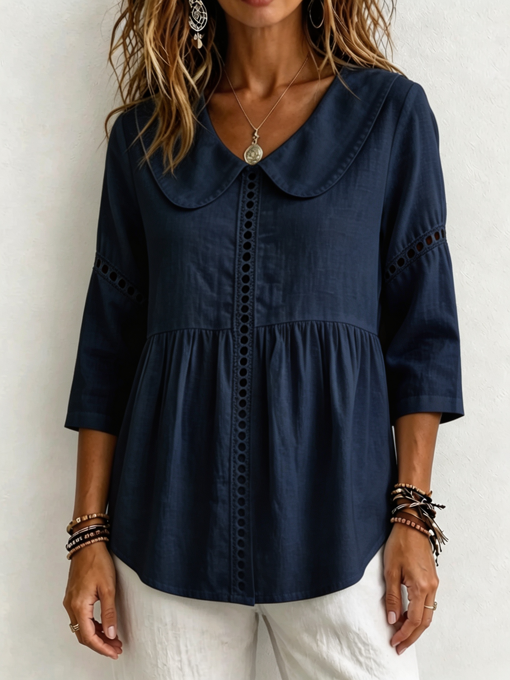 Women Elegant Peter Pan Collar Button-Up Blouse