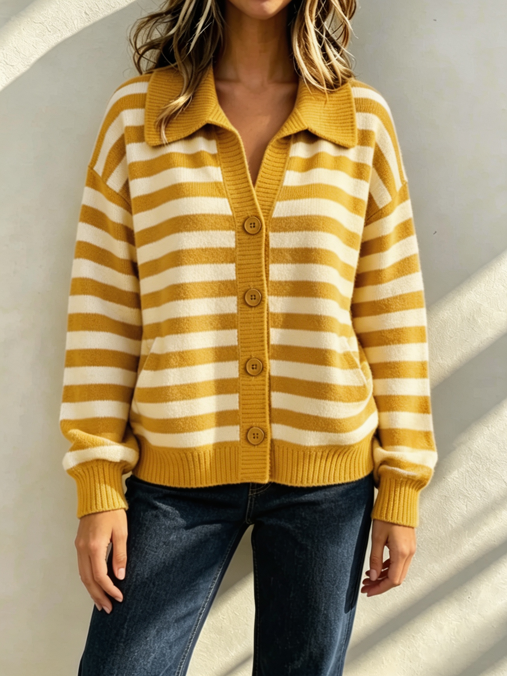 Women Cozy Striped Collared Knit Cardigan