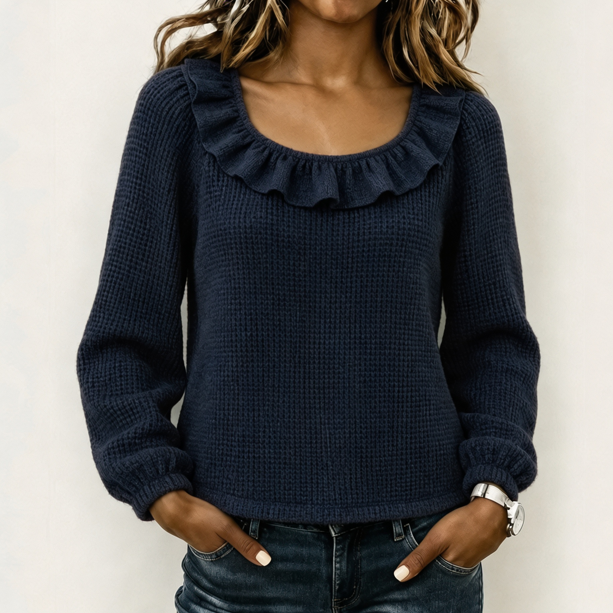 Women Ruffled Neckline Textured Knit Sweater
