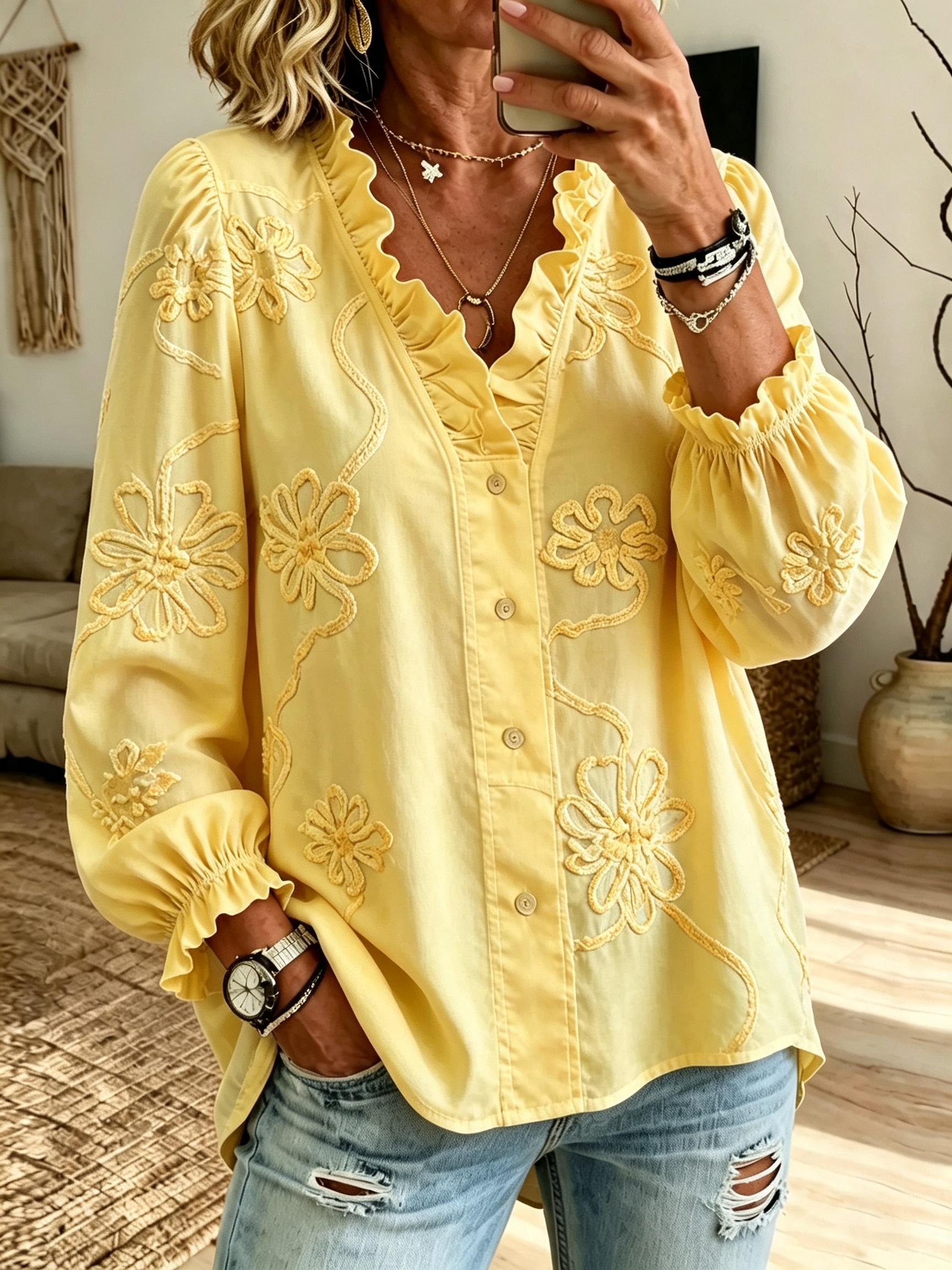 Women's long-sleeved embroidered ruffled blouse