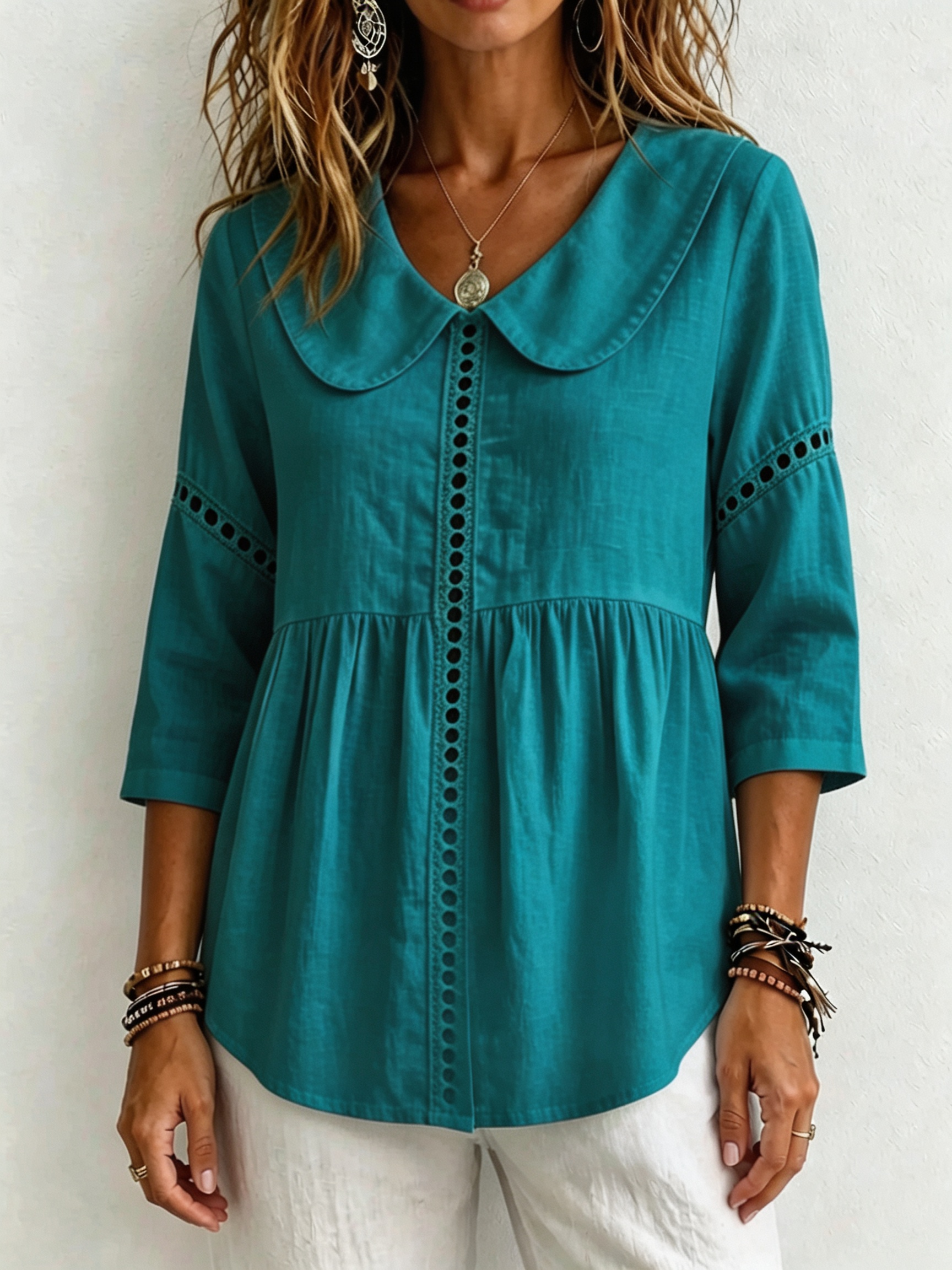 Women Elegant Peter Pan Collar Button-Up Blouse