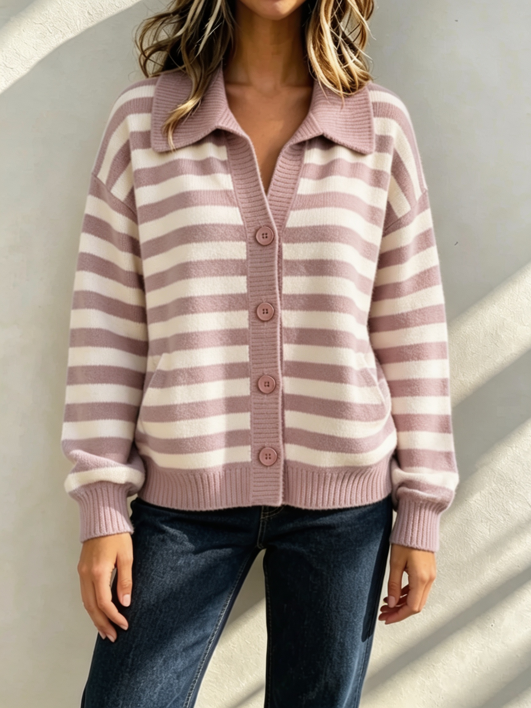 Women Cozy Striped Collared Knit Cardigan