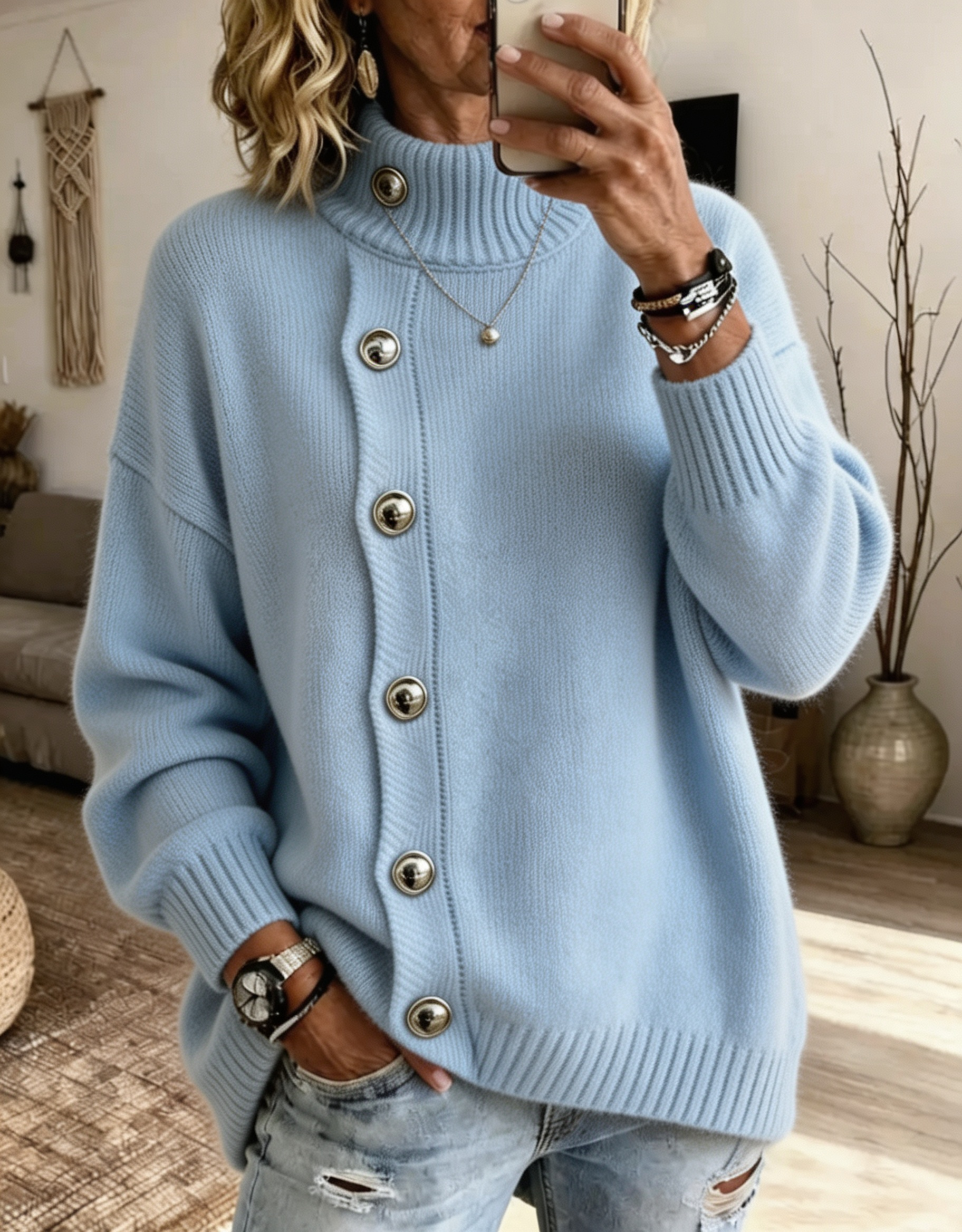 Women Stand‑collar Button Knit Sweater