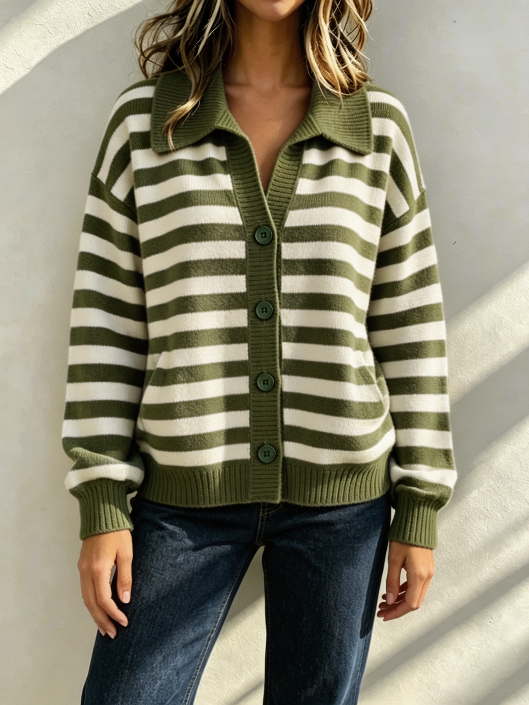 Women Cozy Striped Collared Knit Cardigan