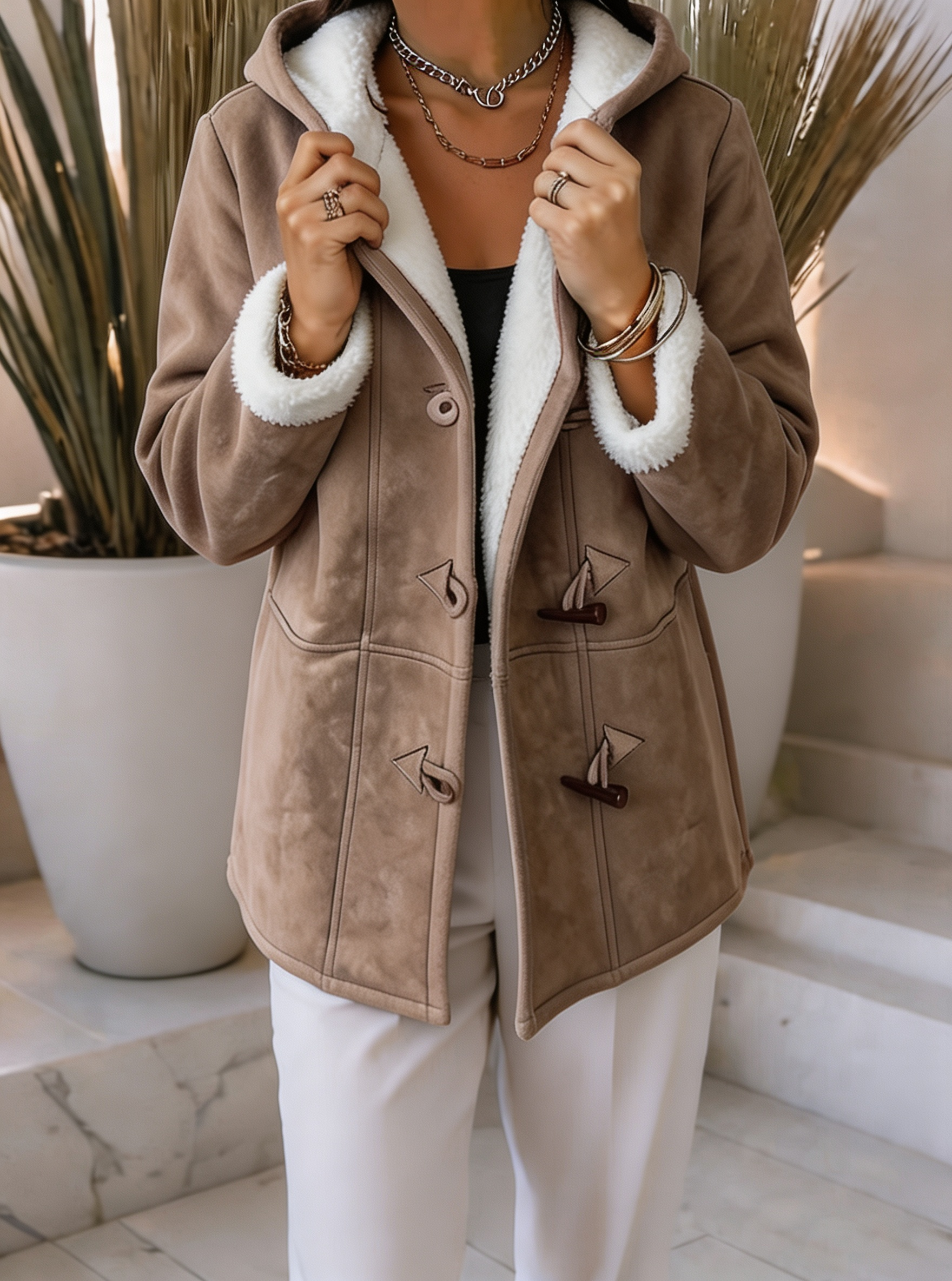Women Cozy Sherpa-Lined Hooded Jacket