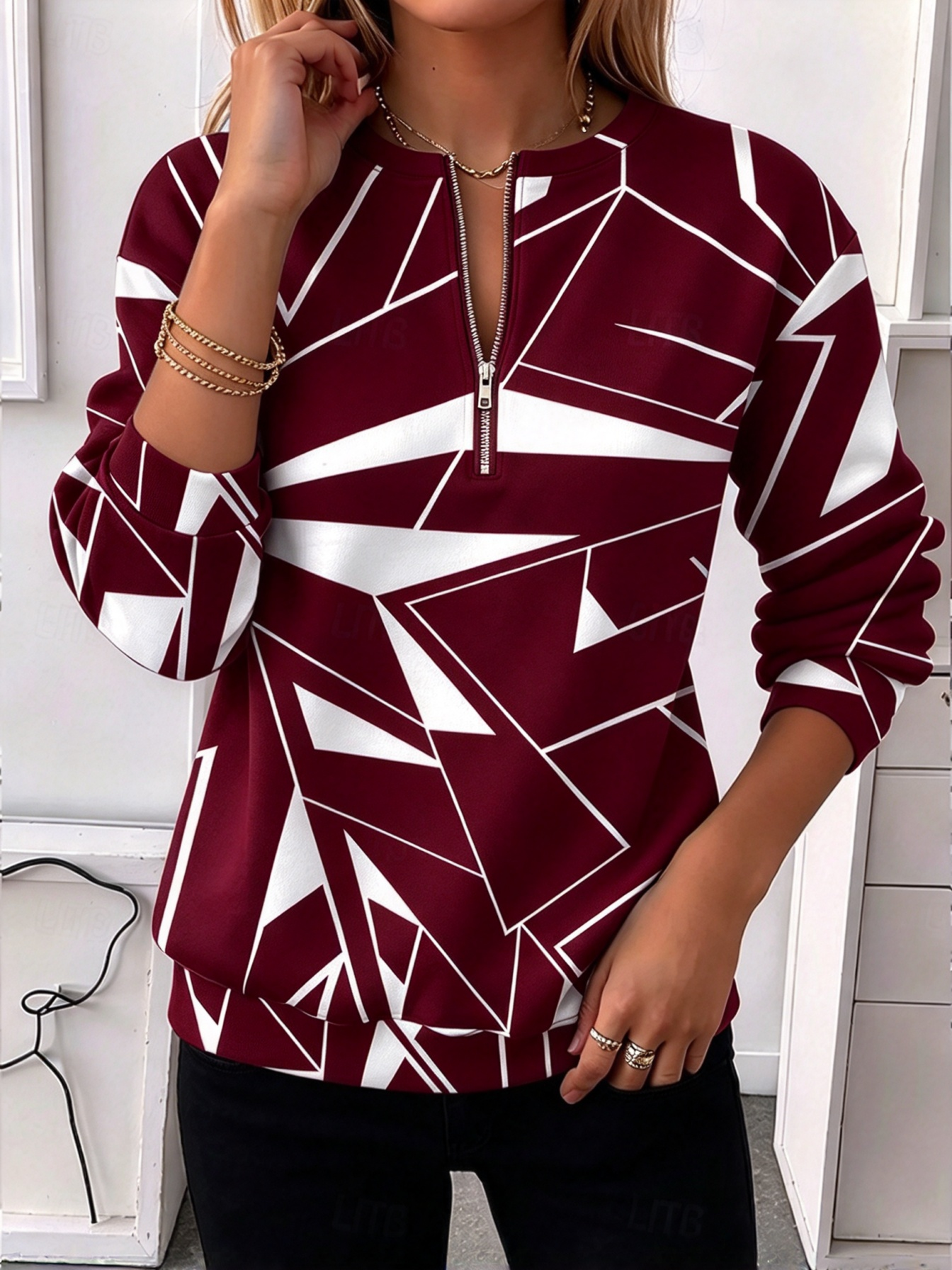 🔥CLEARANCE SALE🔥 ✨Women Geometric Print Half-Zip Pullover