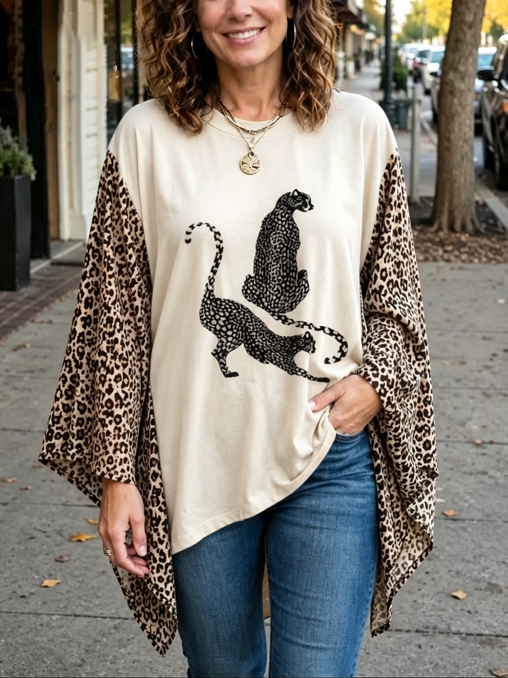Charcoal Leopard Graphic Tunic with Flowy Animal Print Sleeves