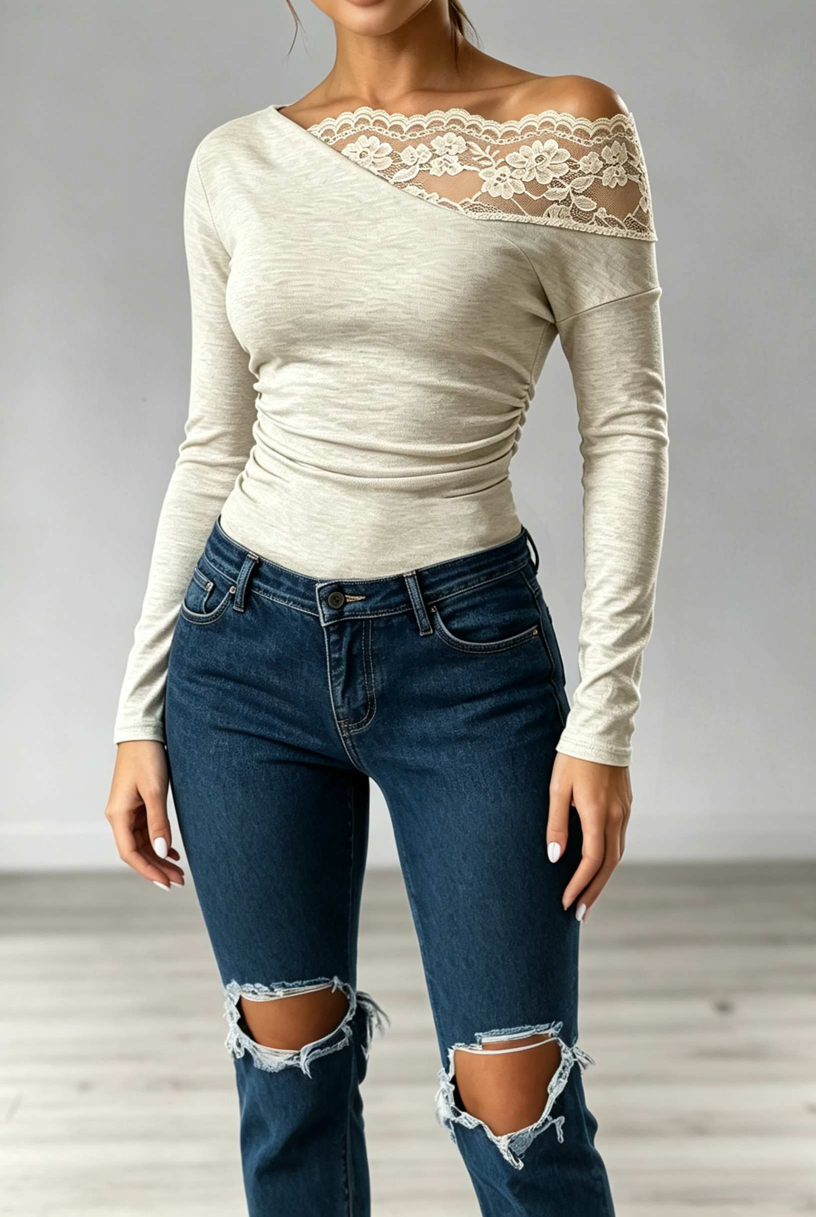 Women Elegant Lace Trim Off-Shoulder Ruched Top