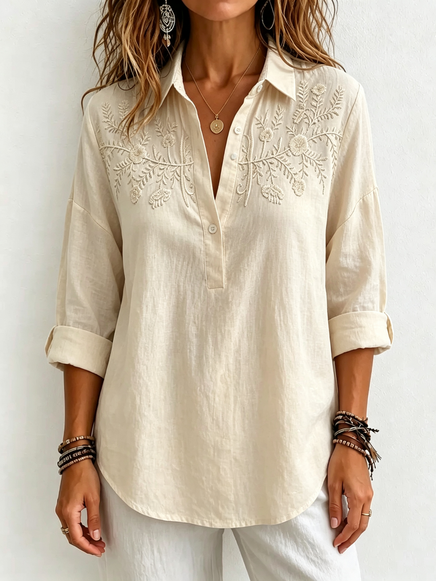 Women Embroidered Linen-Blend Button Tunic