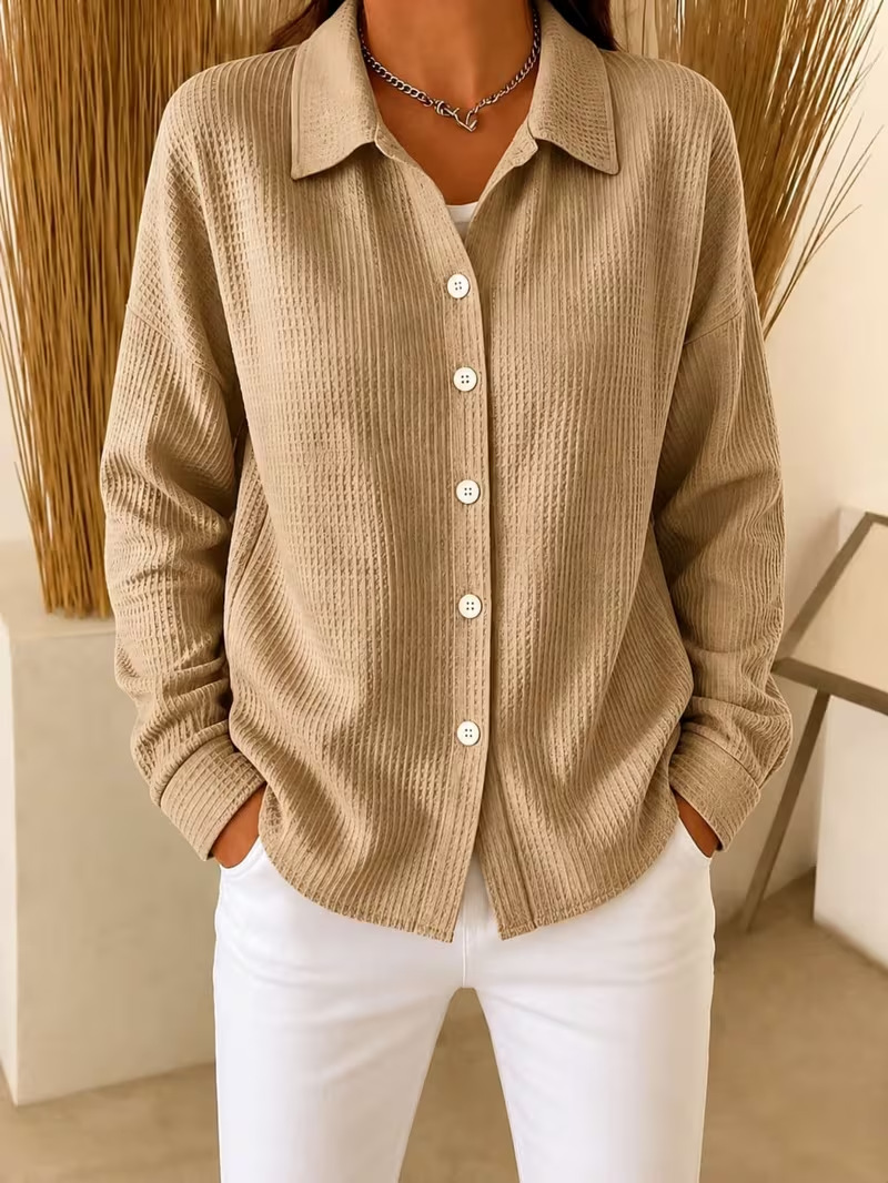 💙 Women’s Waffle Knit Shirt Collared Button-Down Long Sleeve Loose Top
