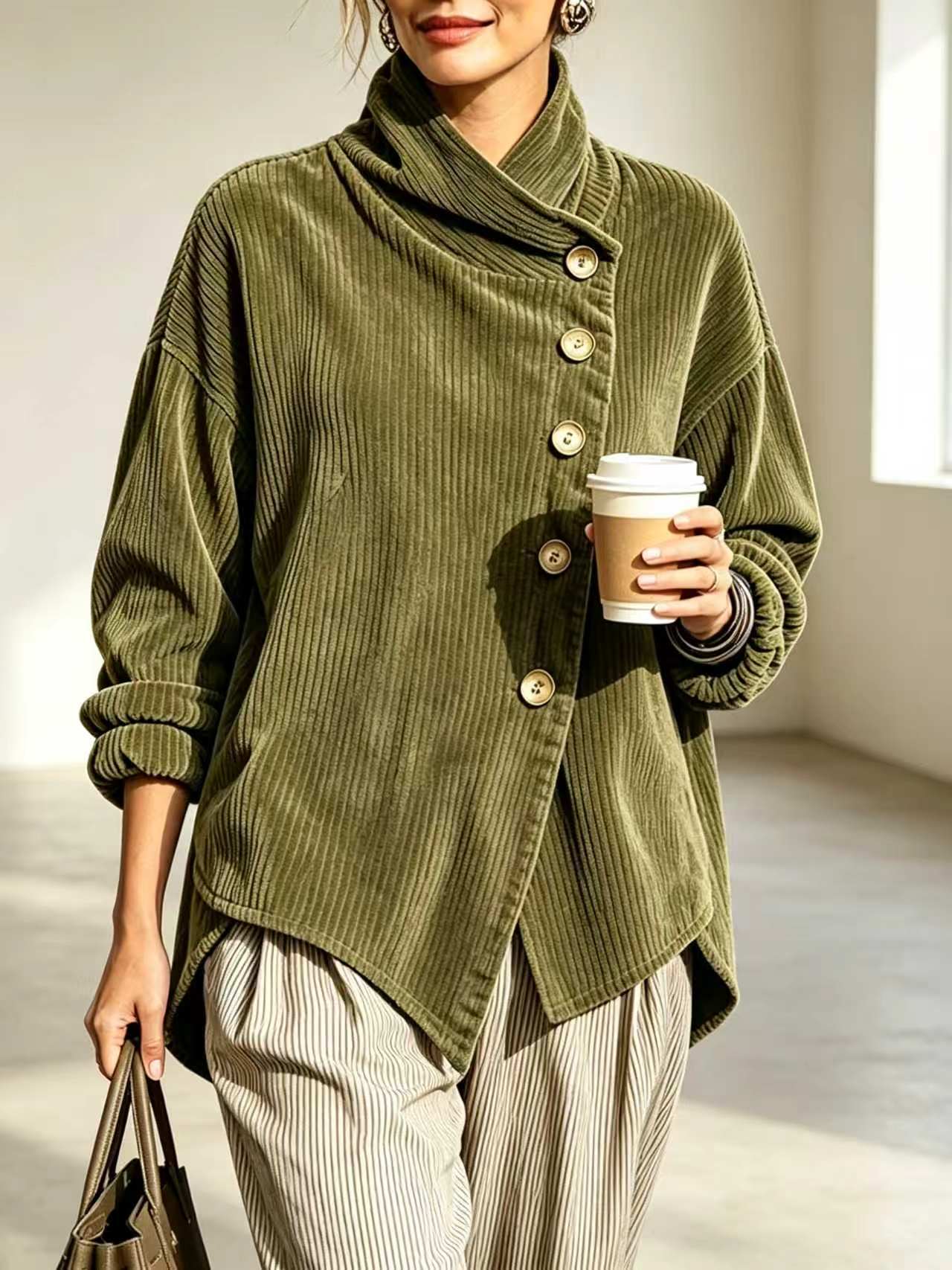 Women Asymmetric Corduroy Stand‑Collar Jacket