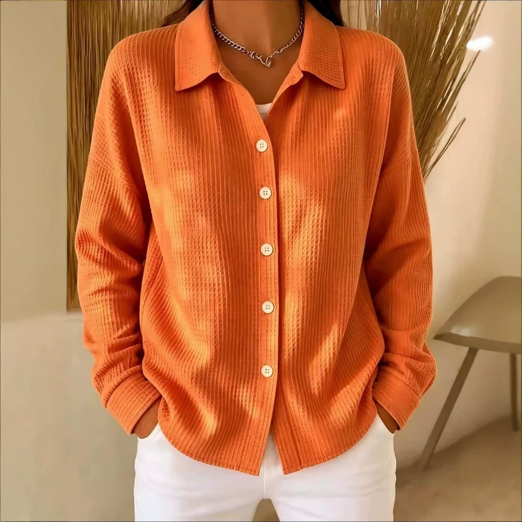 💙 Women’s Waffle Knit Shirt Collared Button-Down Long Sleeve Loose Top