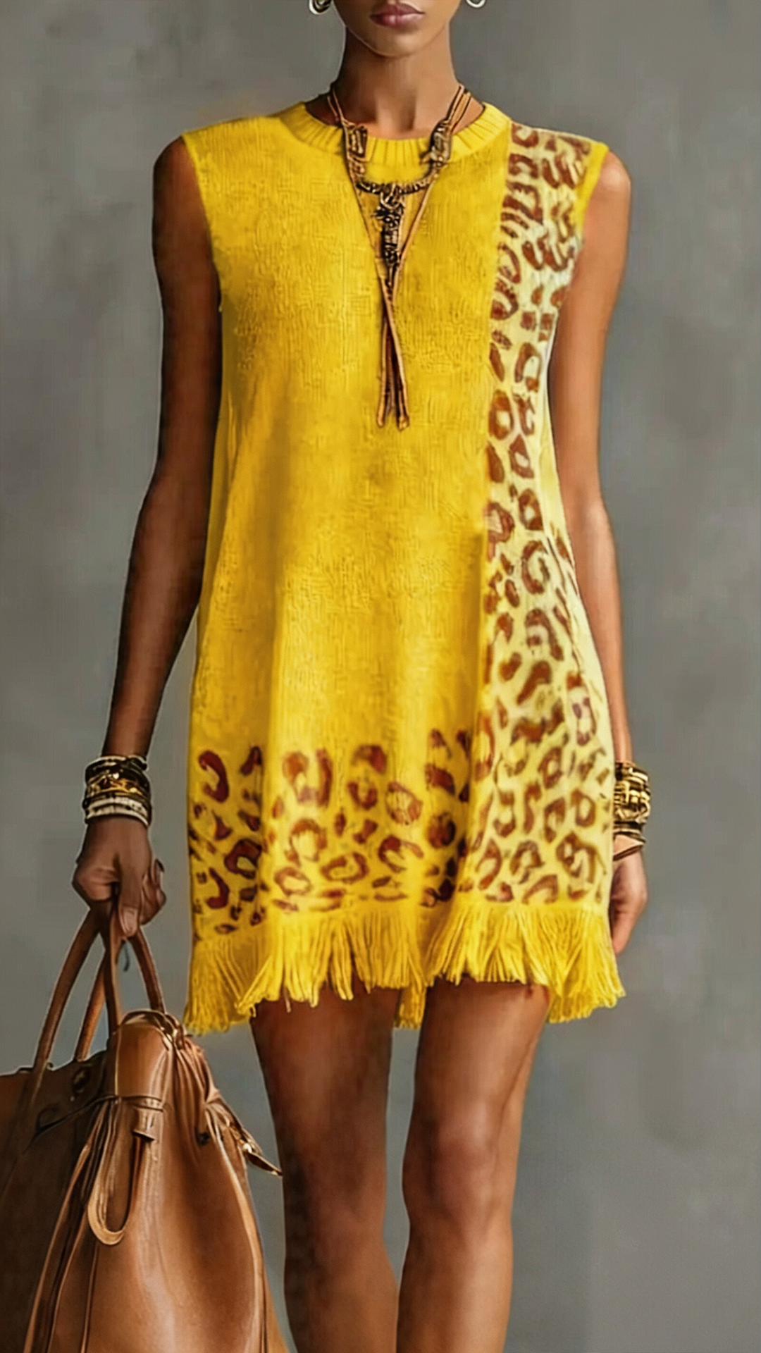 Women Sleeveless leopard-print wool skirt-dress