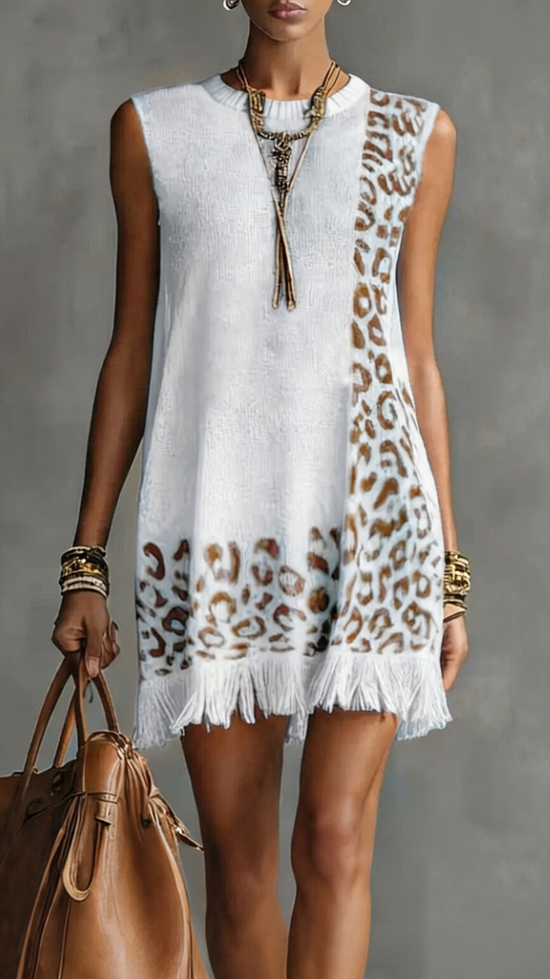 Women Sleeveless leopard-print wool skirt-dress
