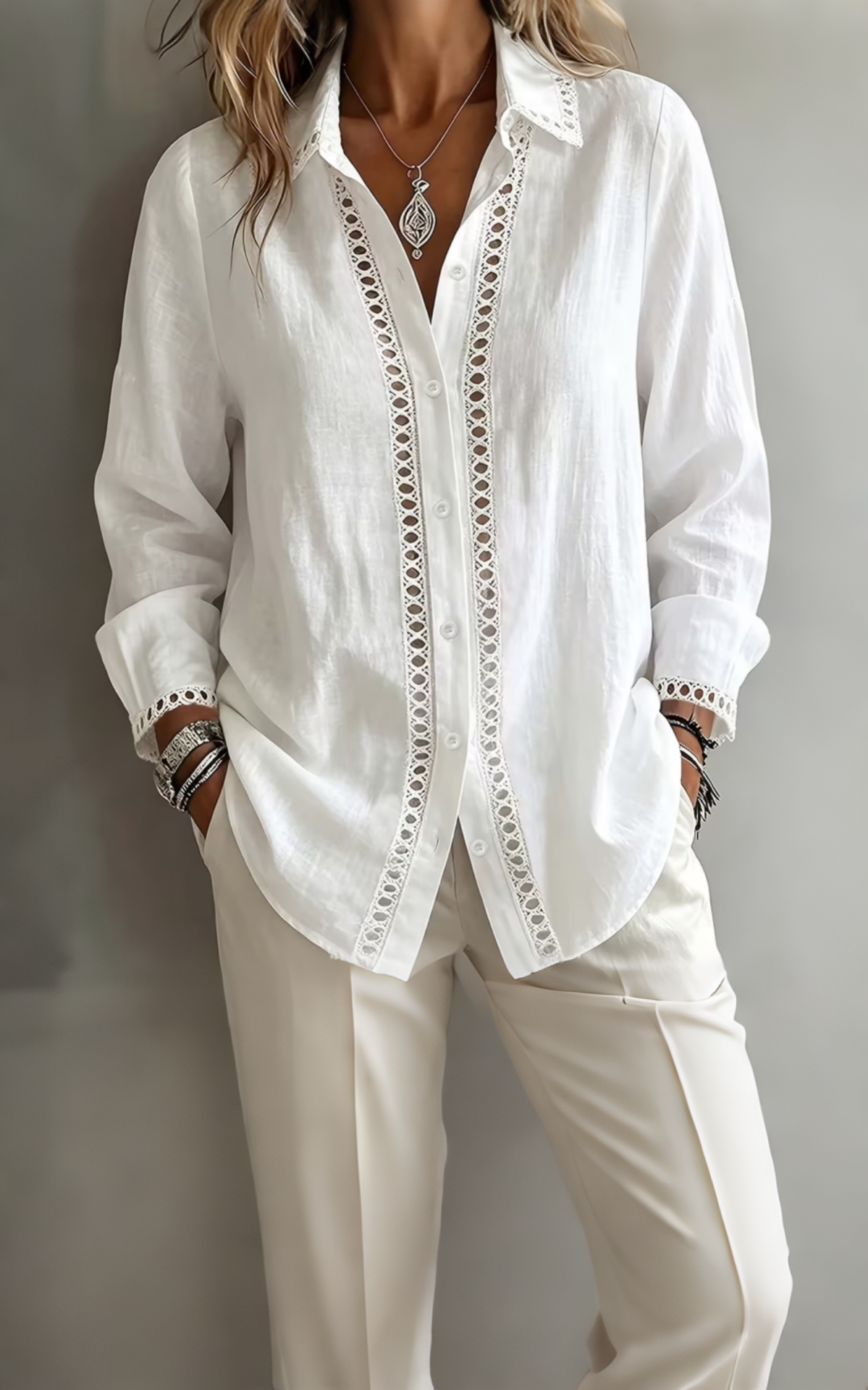 Women Elegant Lace Trim Button-Down Blouse