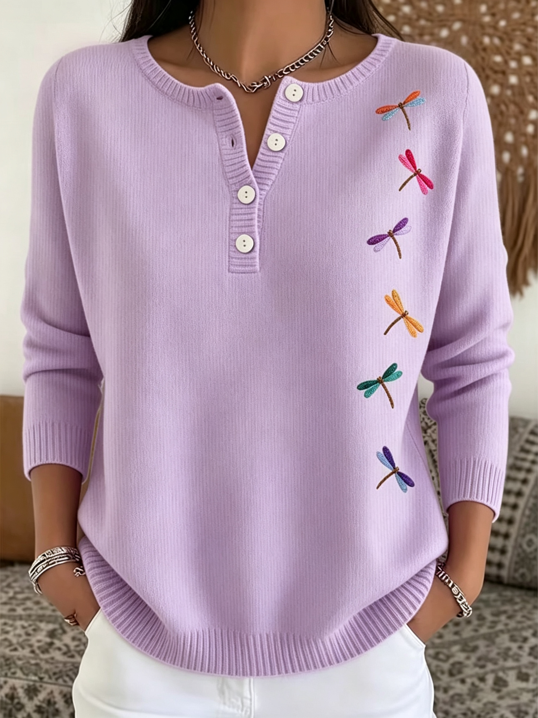 Women Embroidered Dragonfly Ribbed Knit Top