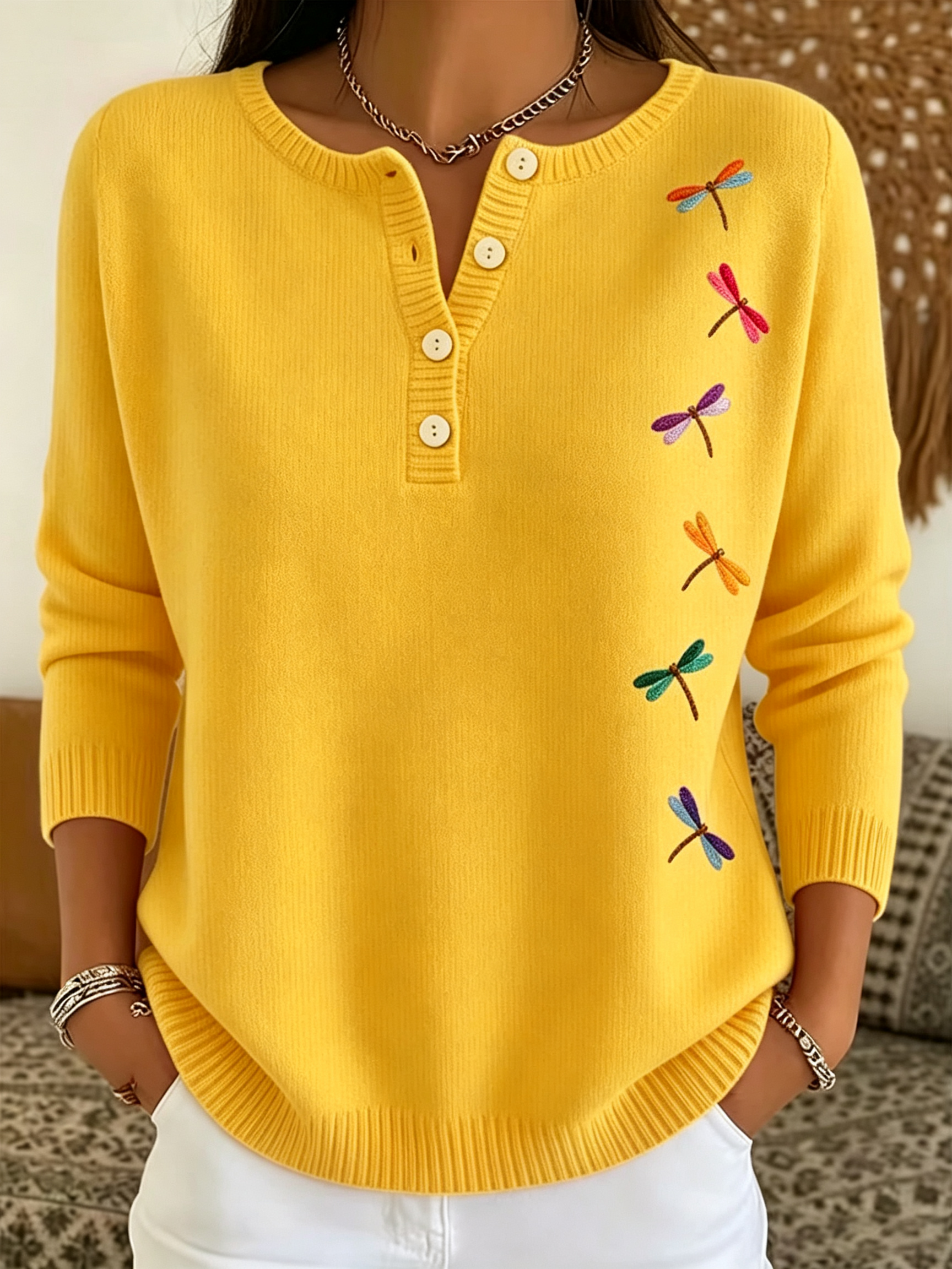 Women Embroidered Dragonfly Ribbed Knit Top