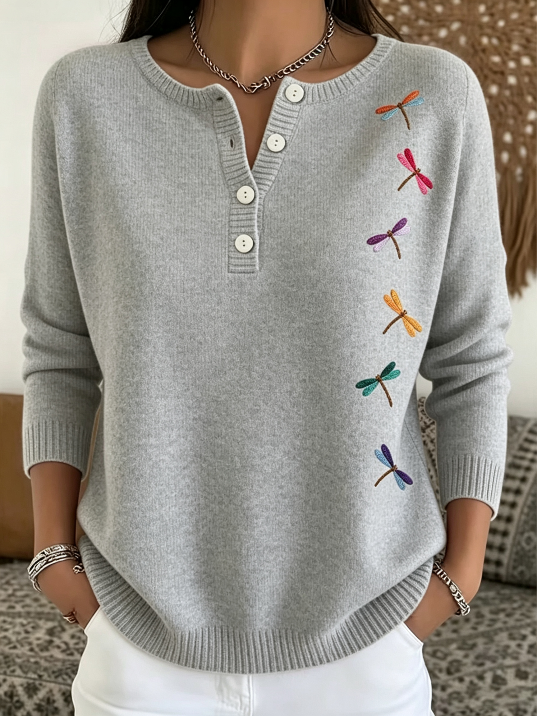 Women Embroidered Dragonfly Ribbed Knit Top