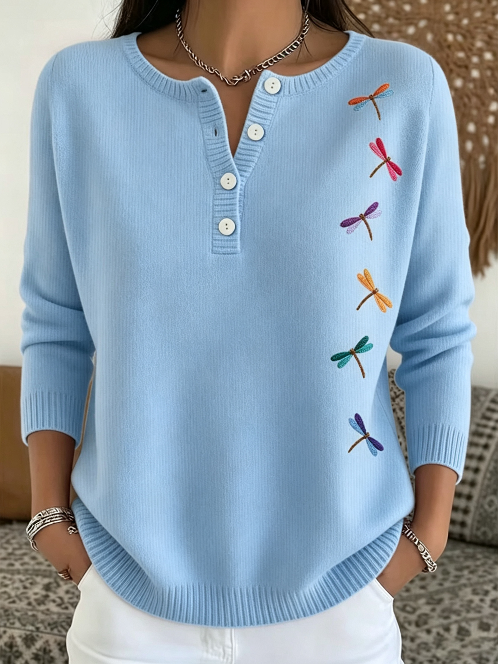 Women Embroidered Dragonfly Ribbed Knit Top